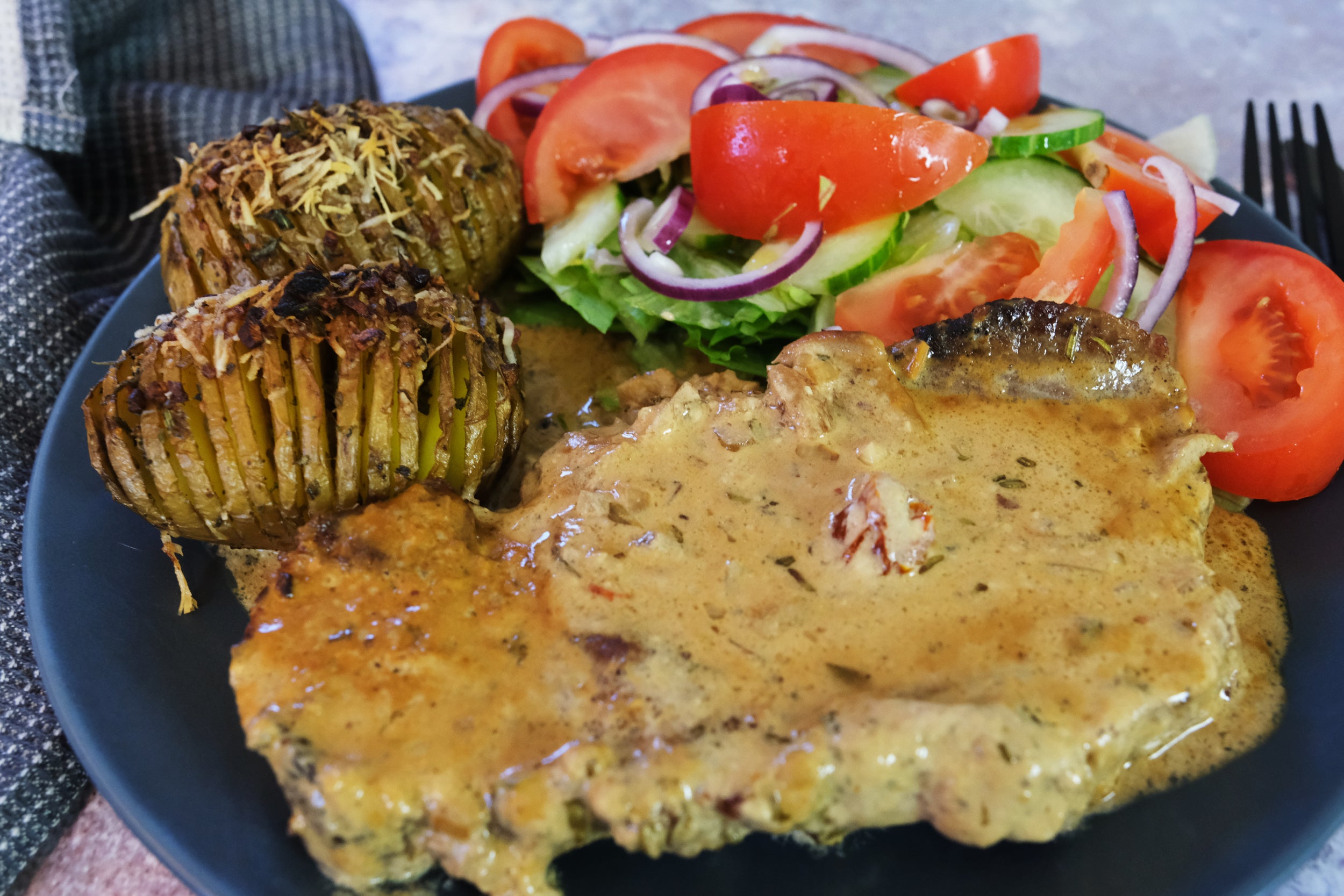 Pork Entrecôte Casserole with Hasselback Potatoes