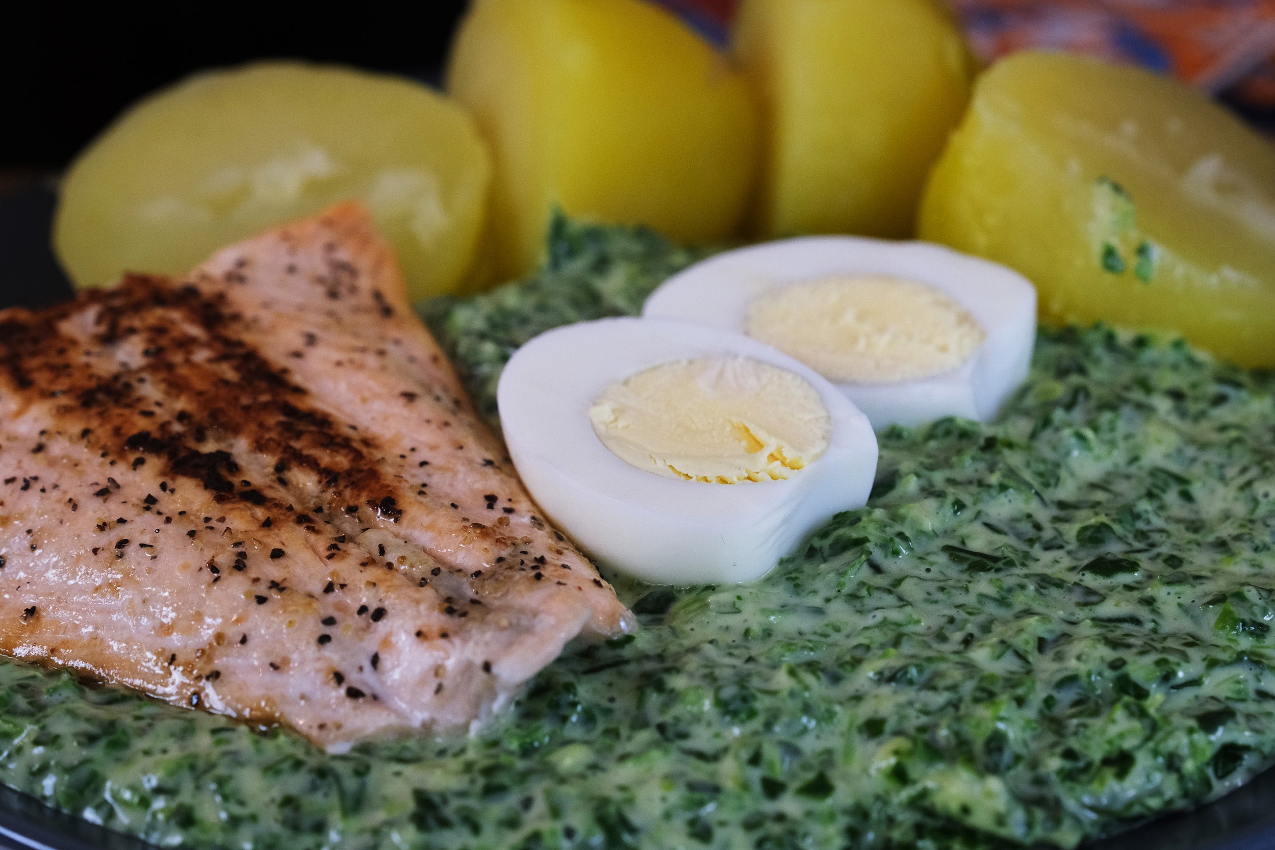 Stewed Spinach, Salmon, Potatoes, and Eggs