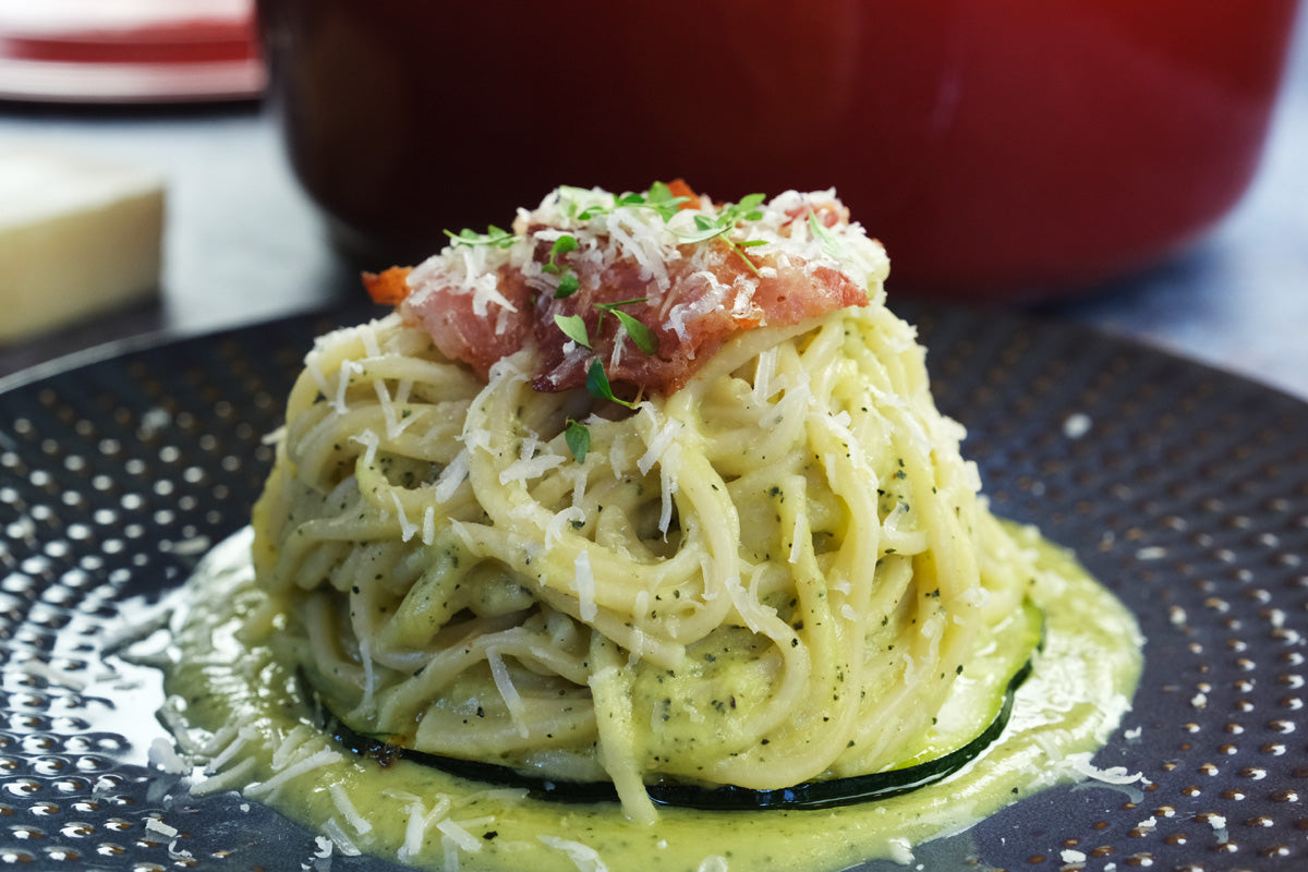 Golden Zucchini & Crispy Bacon Pasta Recipe