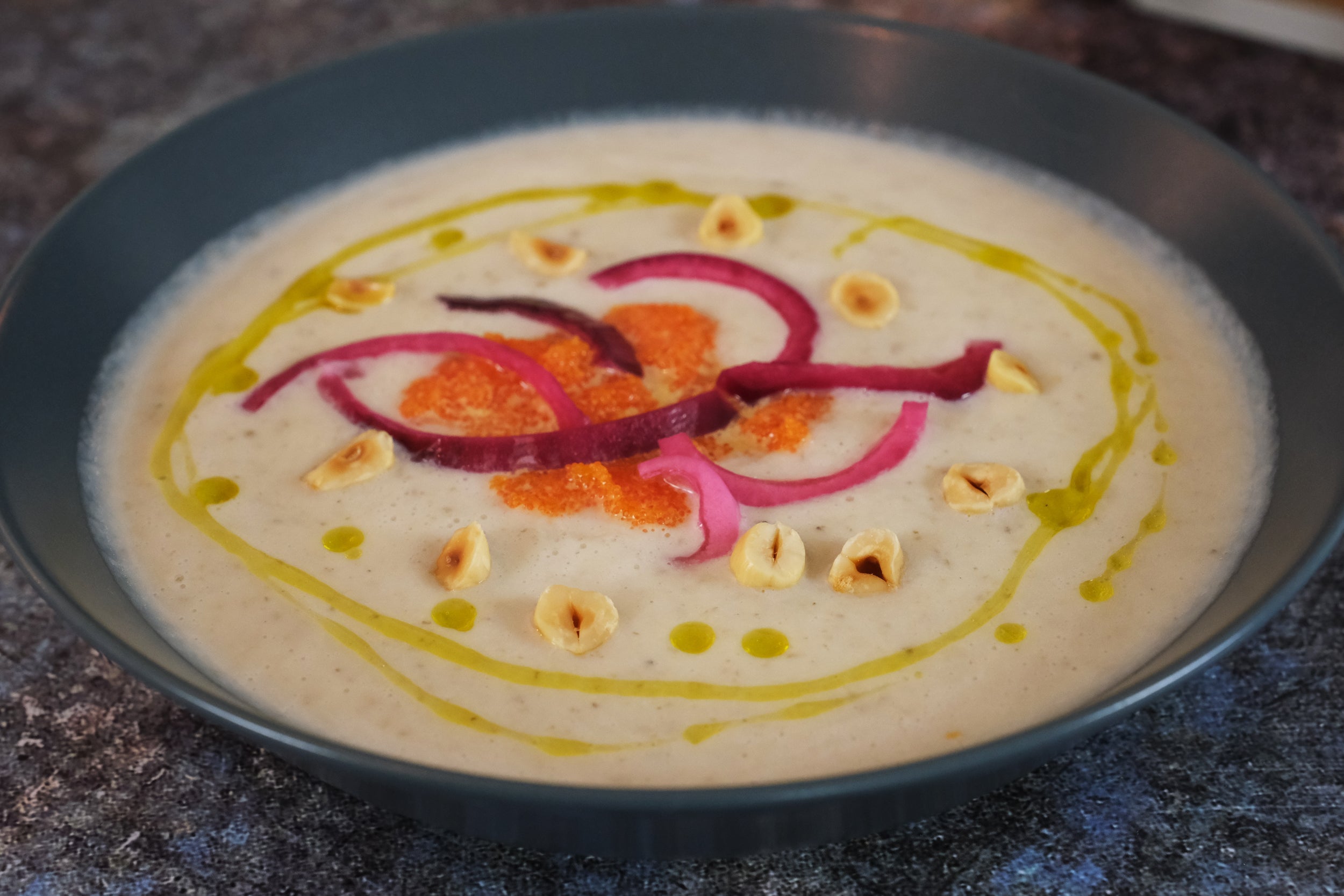 Jerusalem Artichoke Soup with Pickled Red Onion, Whitefish Roe, and Roasted Hazelnuts Recipe