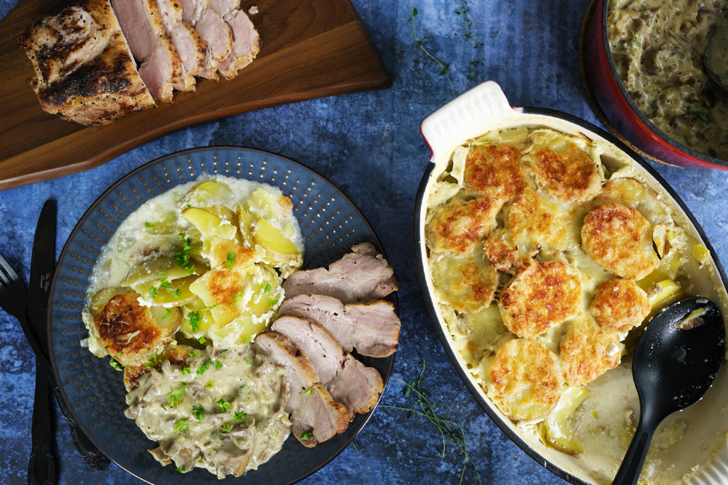 Pork Sirloin, Potato and Leek Gratin with Creamy Chanterelle Sauce recipe