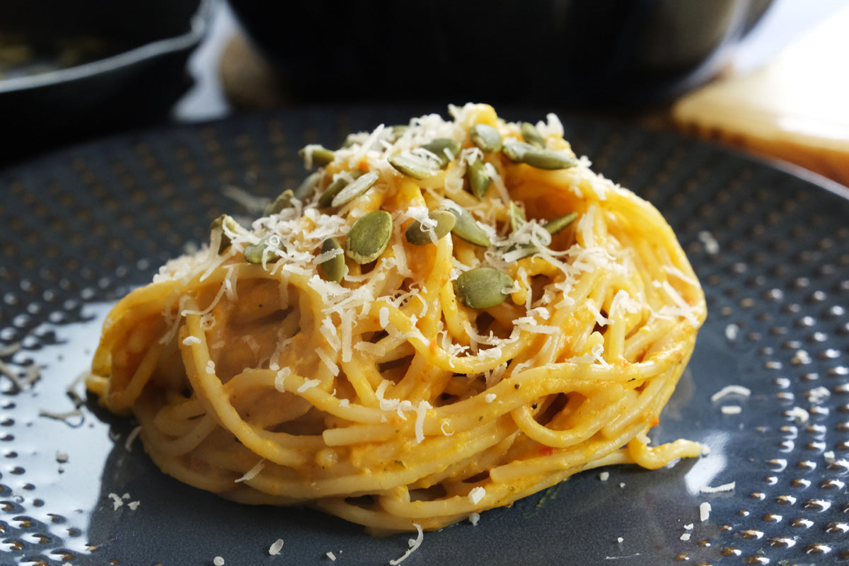 Creamy Pumpkin Pasta with Roasted Bell Pepper & Chipotle recipe