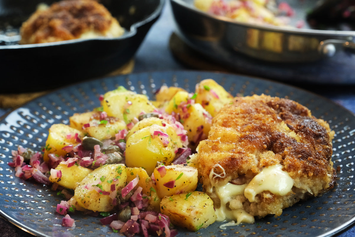 Crispy Smoky Swiss Pocket (Cordon Bleu Schnitzel) with Warm Potato & Caper Salad Recipe