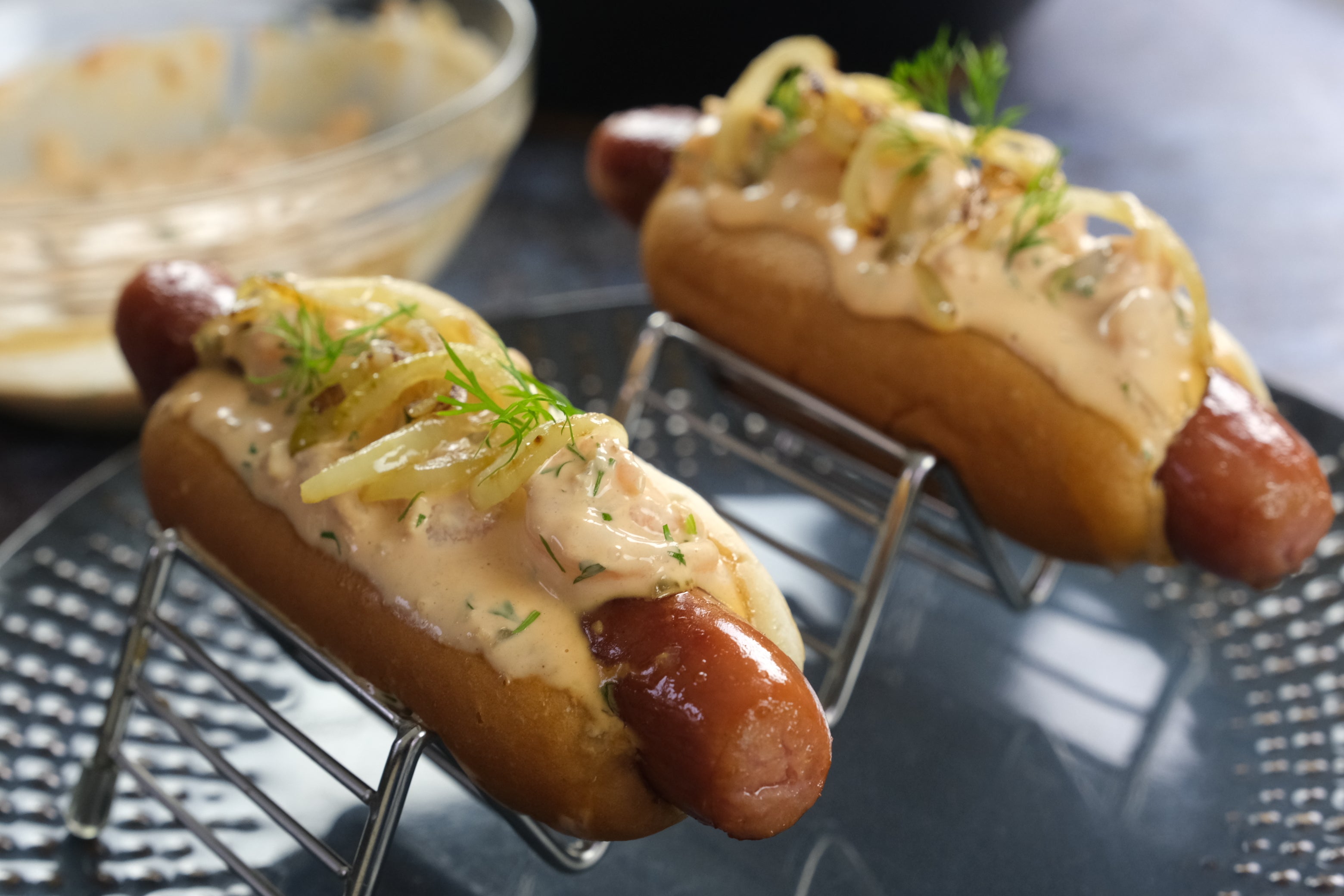 Hot Dogs with Shrimp Sauce and Sauted Onion