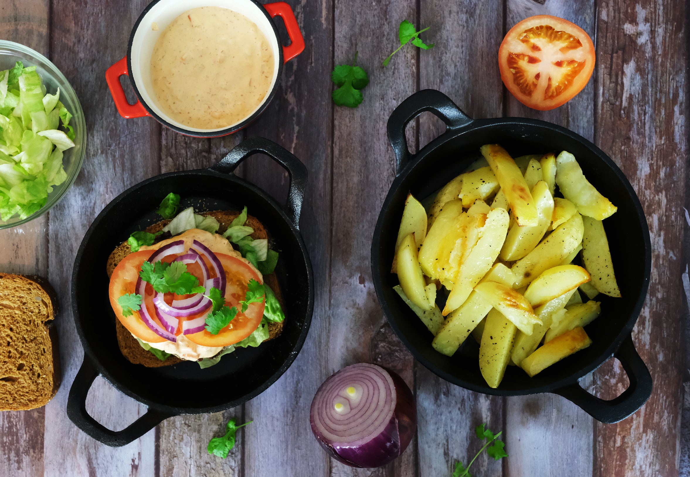 Hamburger with Kimchi Mayonnaise and Roasted Potatoes