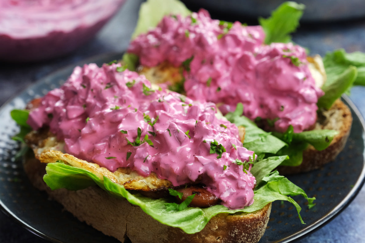 Sourdough Sandwich with Hot Dog, Fried Egg & Beetroot Salad recipe