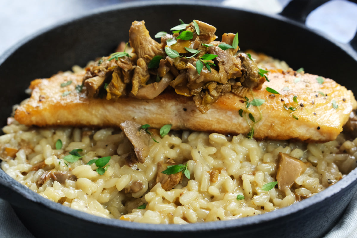 Golden Chanterelle Risotto with Garlic-Thyme Butter-Basted Salmon Recipe