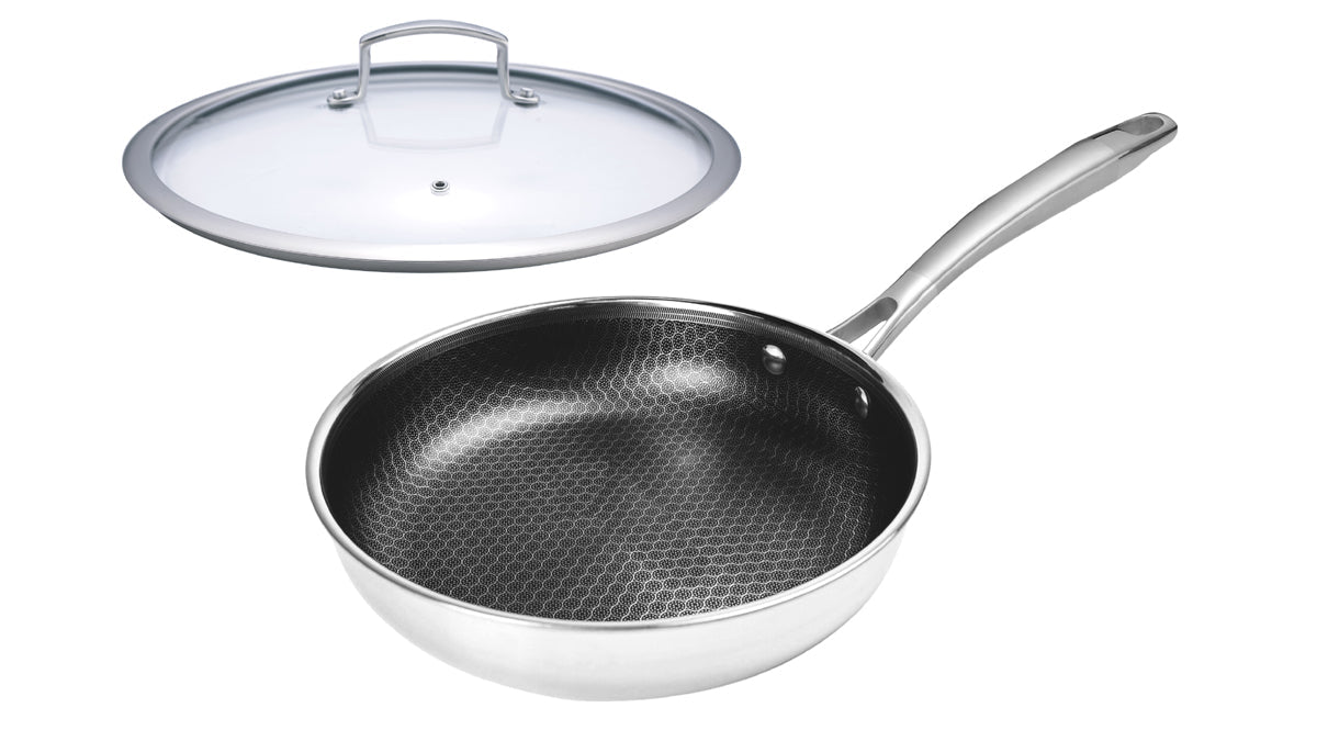 Hybrid Nonstick Frying Pan – 28 cm (11”) Tri-Ply Stainless Steel with Circle Pattern Cooking Surface + Tempered Glass Lid