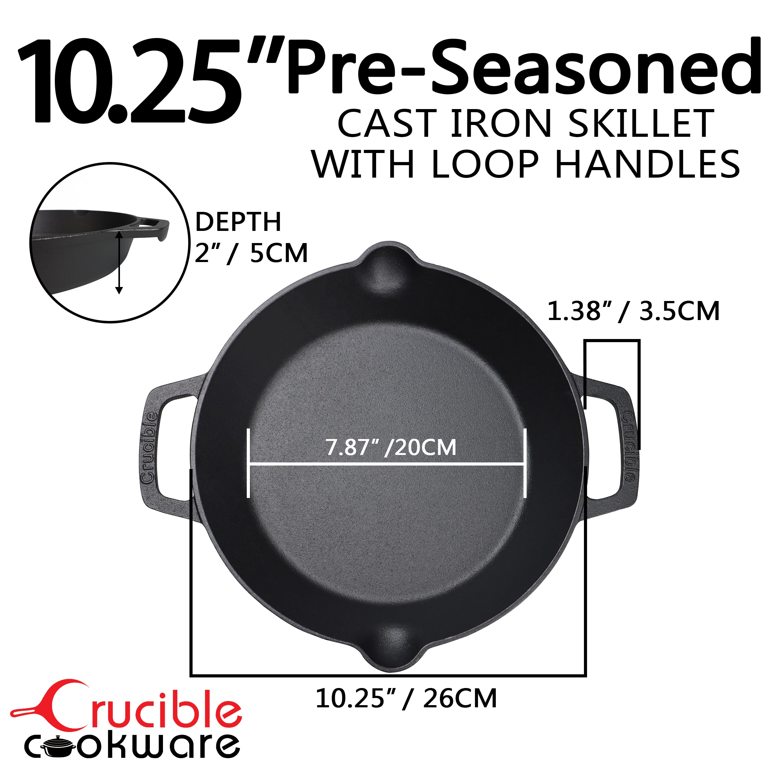 10.25-Inch/26 cm Cast Iron Skillet Set with Dual Loop Handles, Frying Pan, Silicone Potholders