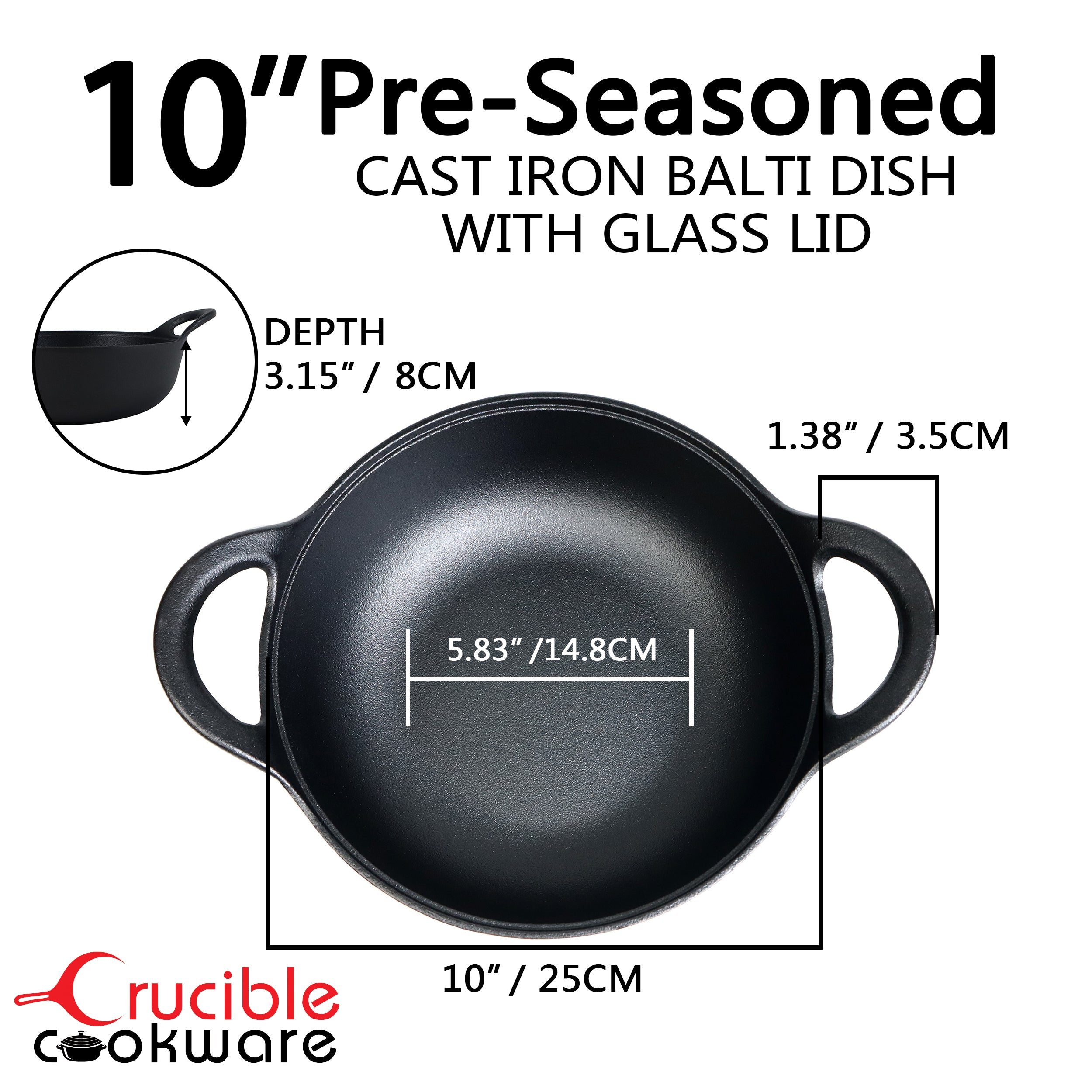 Cast Iron Balti Casserole with a Glass Lid, 3 Quart (2,83 litre) Cast Iron Pot