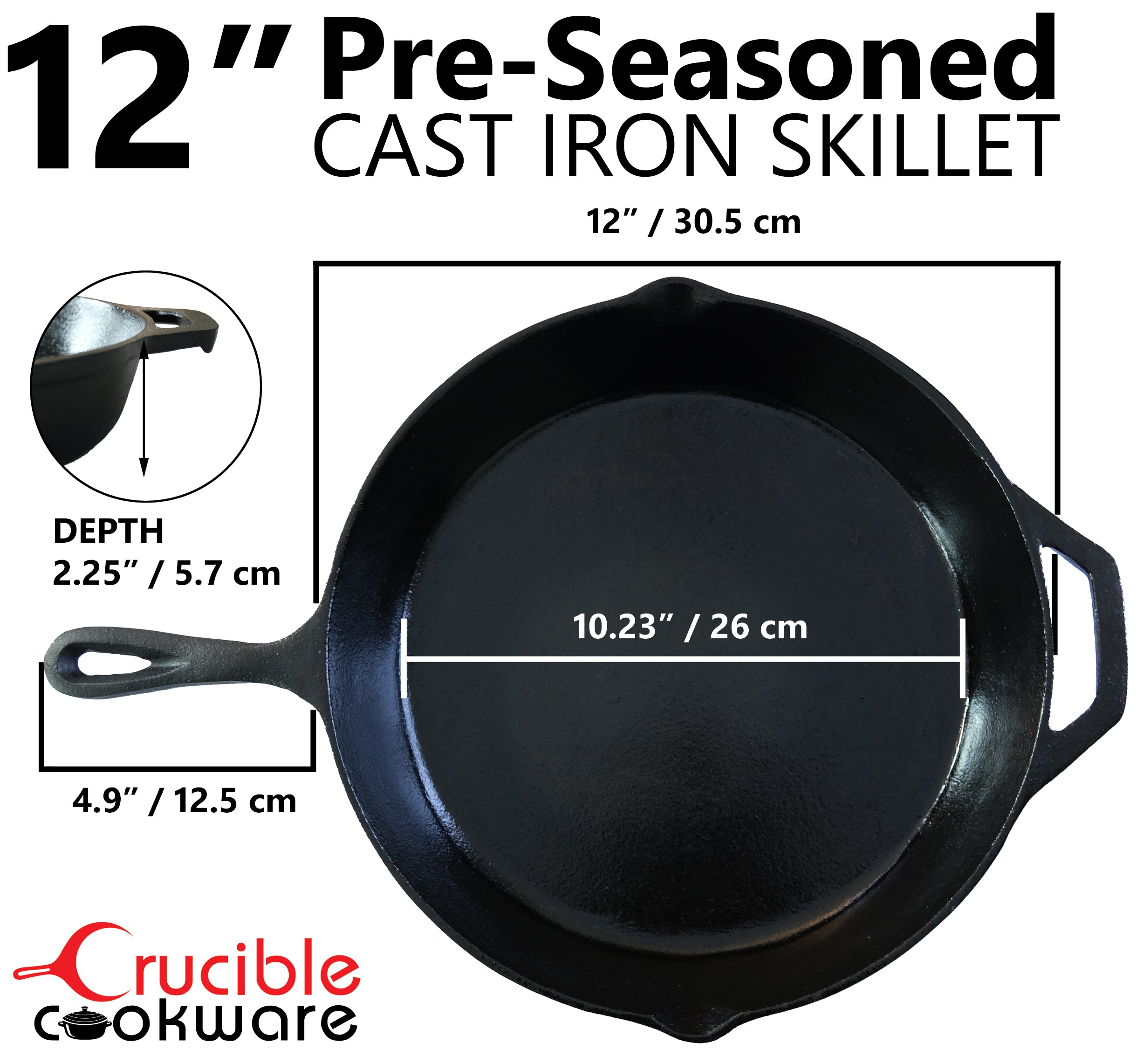 12-Inch (30,5 cm) Cast Iron Skillet Set, Silicone Handle Holders, Glass Lid, Cast Iron Cleaner, Scraper