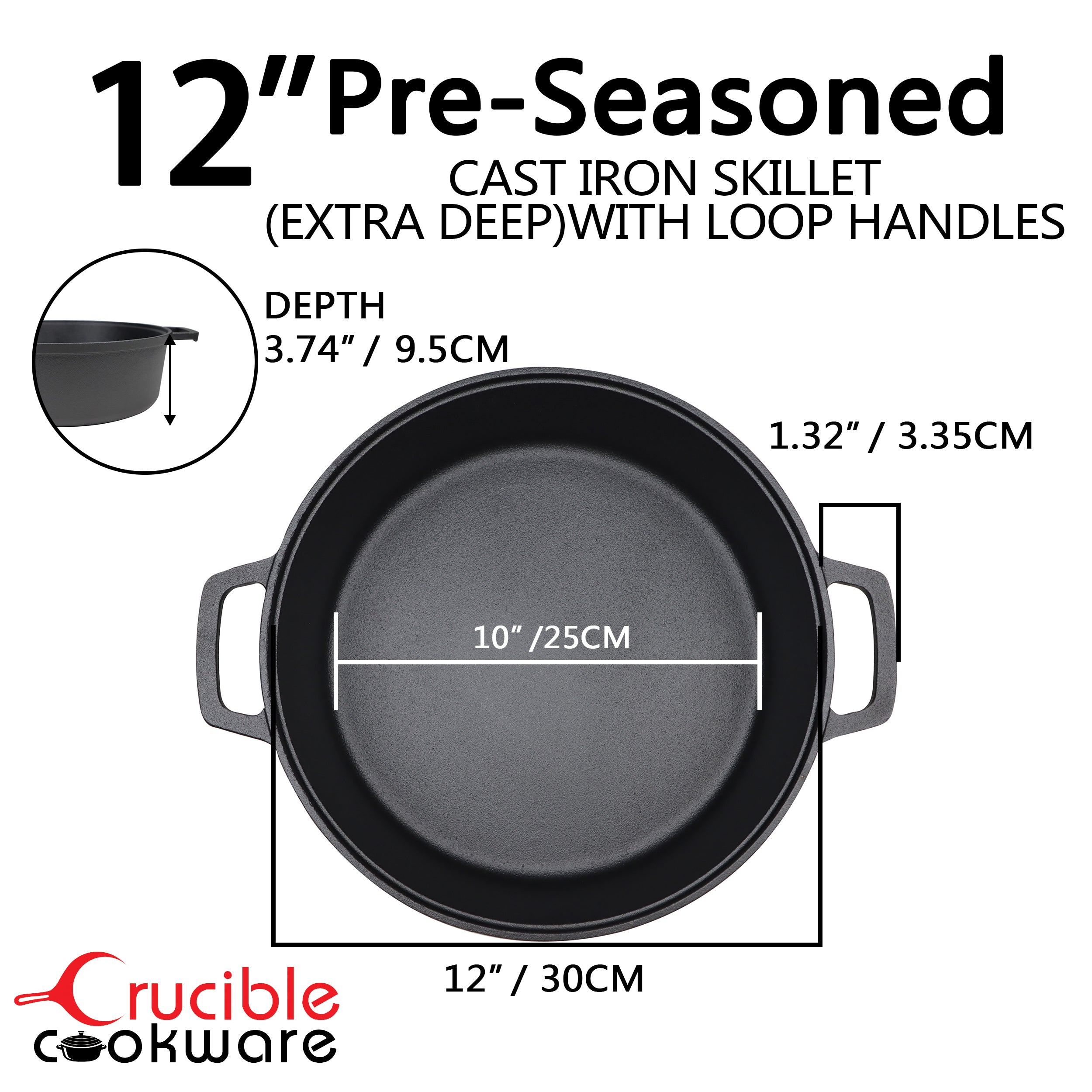 12-Inch/30 cm Cast Iron Skillet Sauté Pan Set (EXTRA DEEP) with Dual Loop Handles, Frying Pan, Silicone Potholders