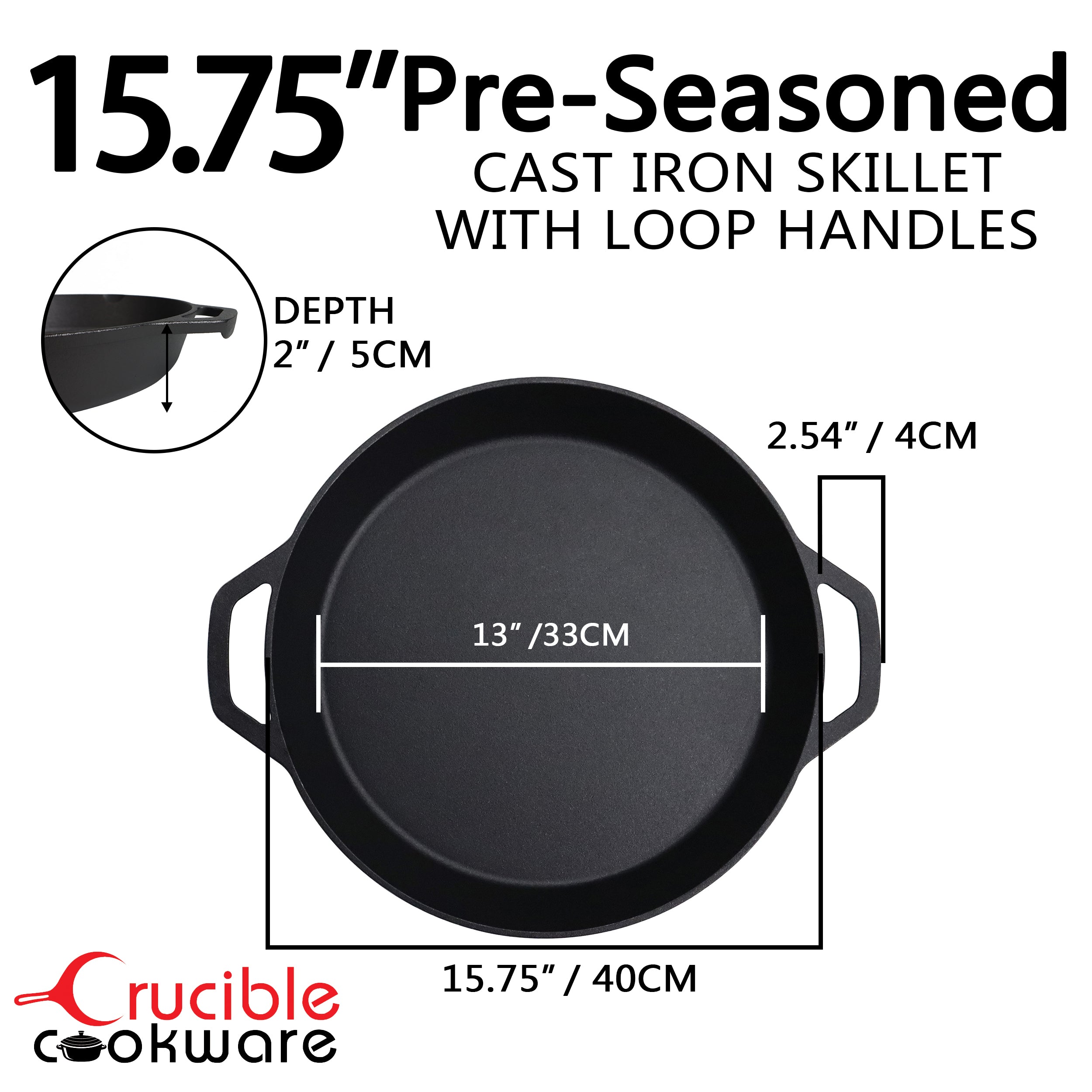 15.75-Inch (40 cm) Cast Iron Skillet Set with Dual Loop Handles, Frying Pan, Silicone Potholders