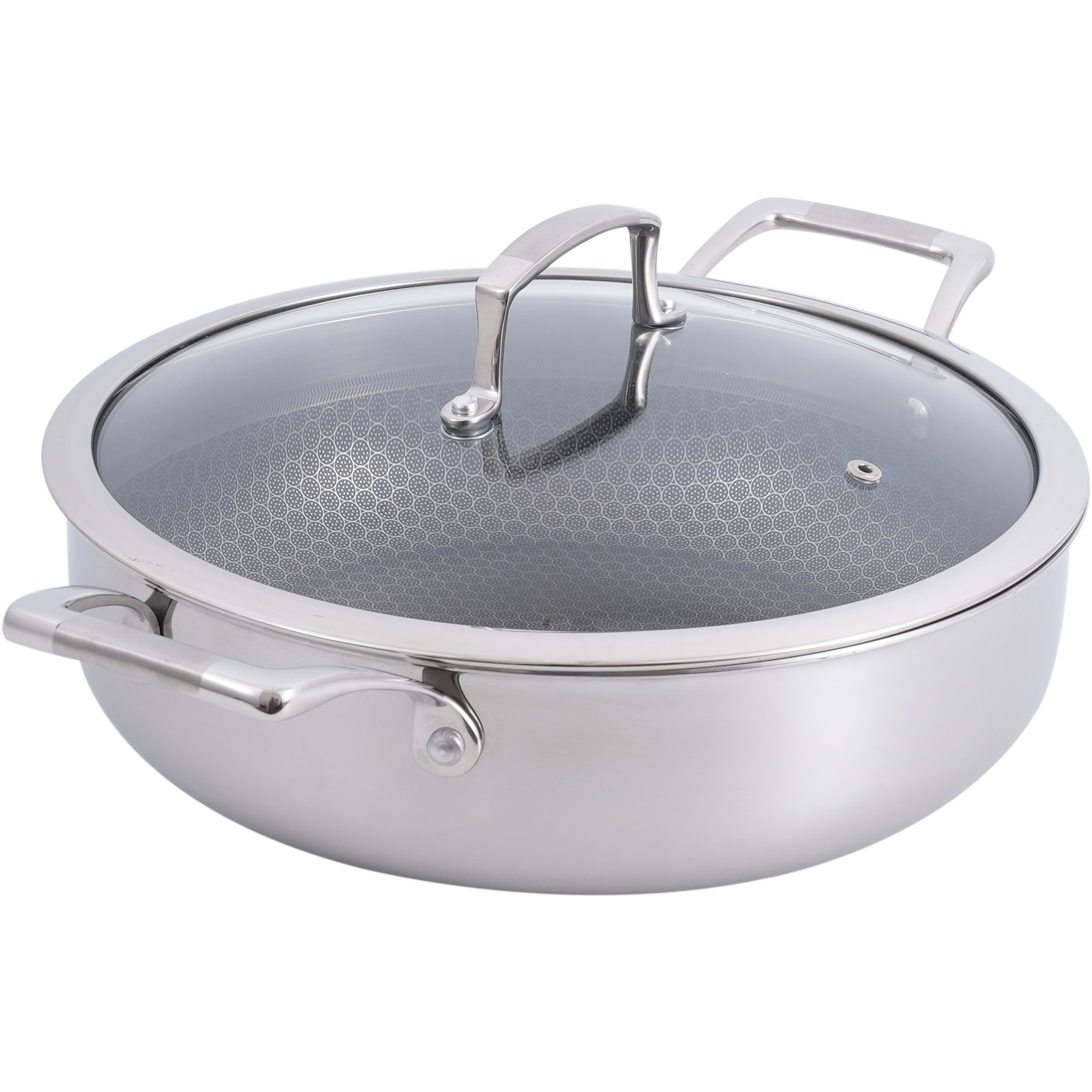 Hybrid Nonstick Sauté Pan – 28 cm (11”) Tri-Ply Stainless Steel with Loop Handles + Tempered Glass Lid, 5 L Capacity