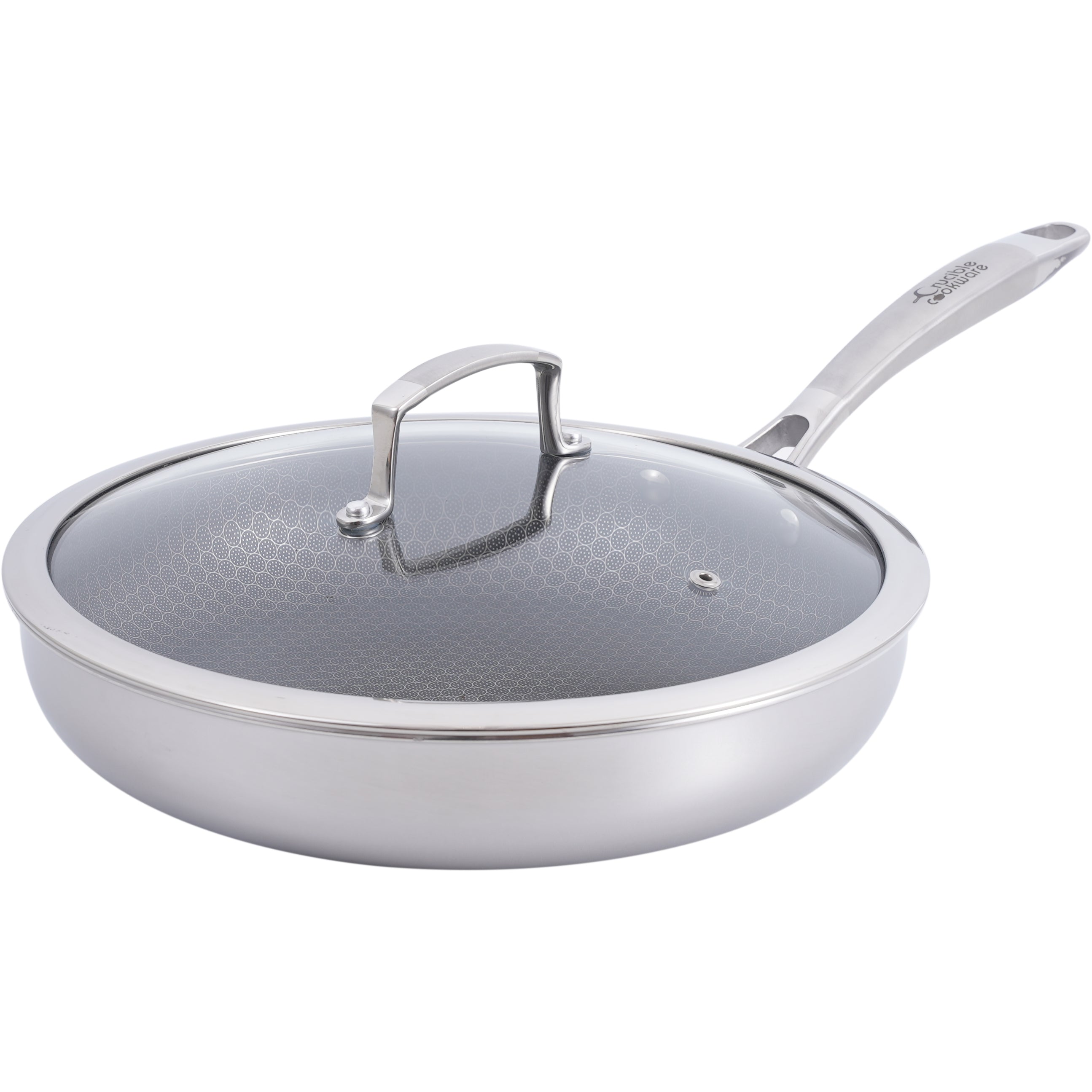 Hybrid Nonstick Frying Pan – 28 cm (11”) Tri-Ply Stainless Steel with Circle Pattern Cooking Surface + Tempered Glass Lid
