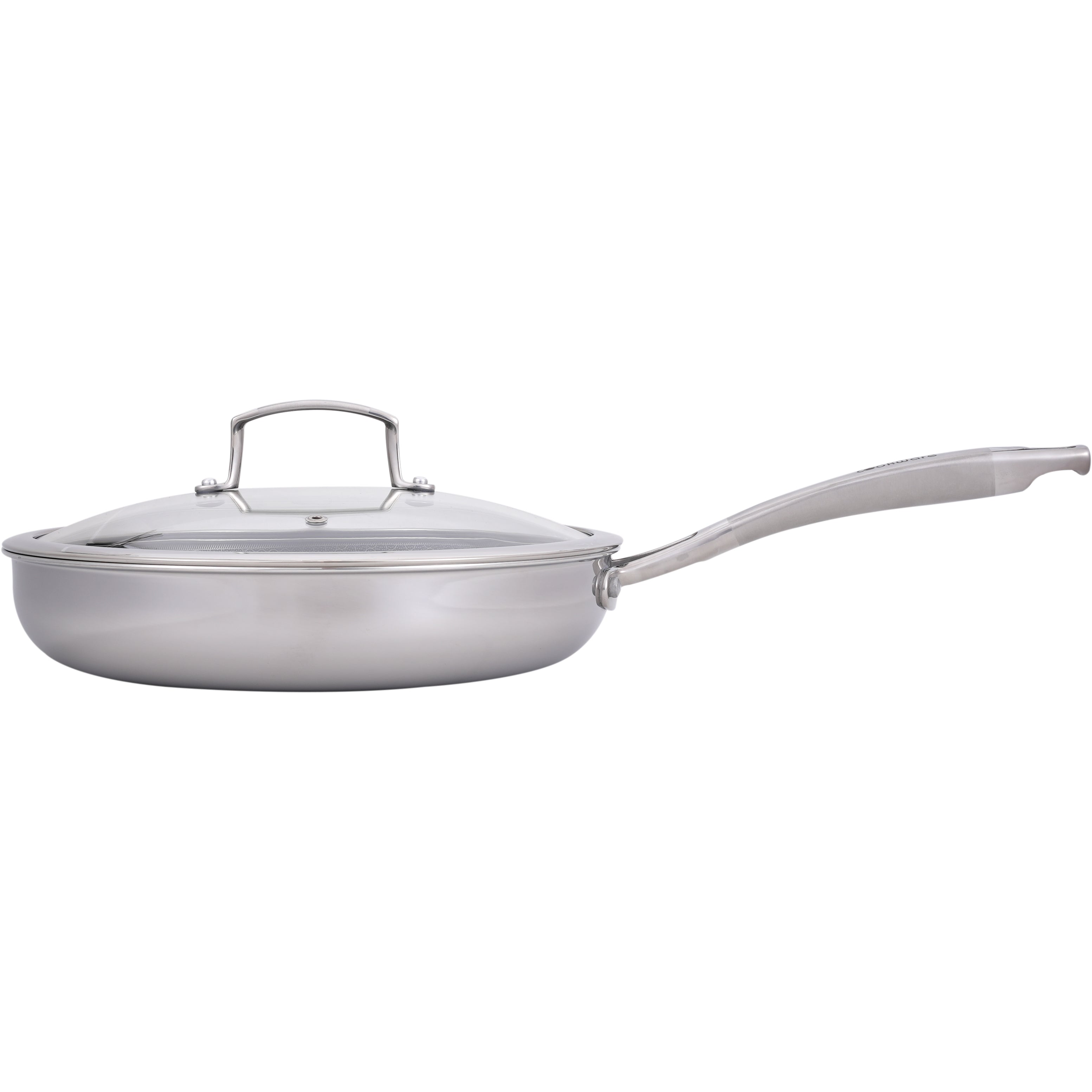 Hybrid Nonstick Frying Pan – 28 cm (11”) Tri-Ply Stainless Steel with Circle Pattern Cooking Surface + Tempered Glass Lid