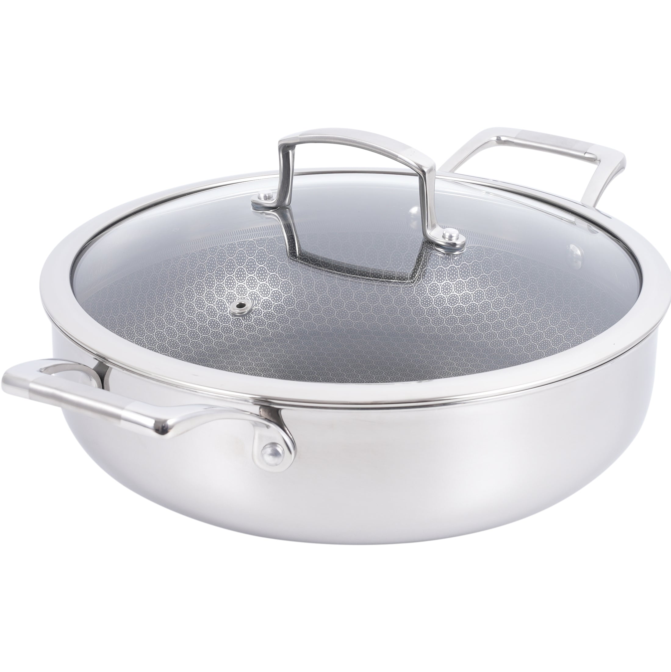 Hybrid Nonstick Sauté Pan – 28 cm (11”) Tri-Ply Stainless Steel with Loop Handles + Tempered Glass Lid, 5 L Capacity