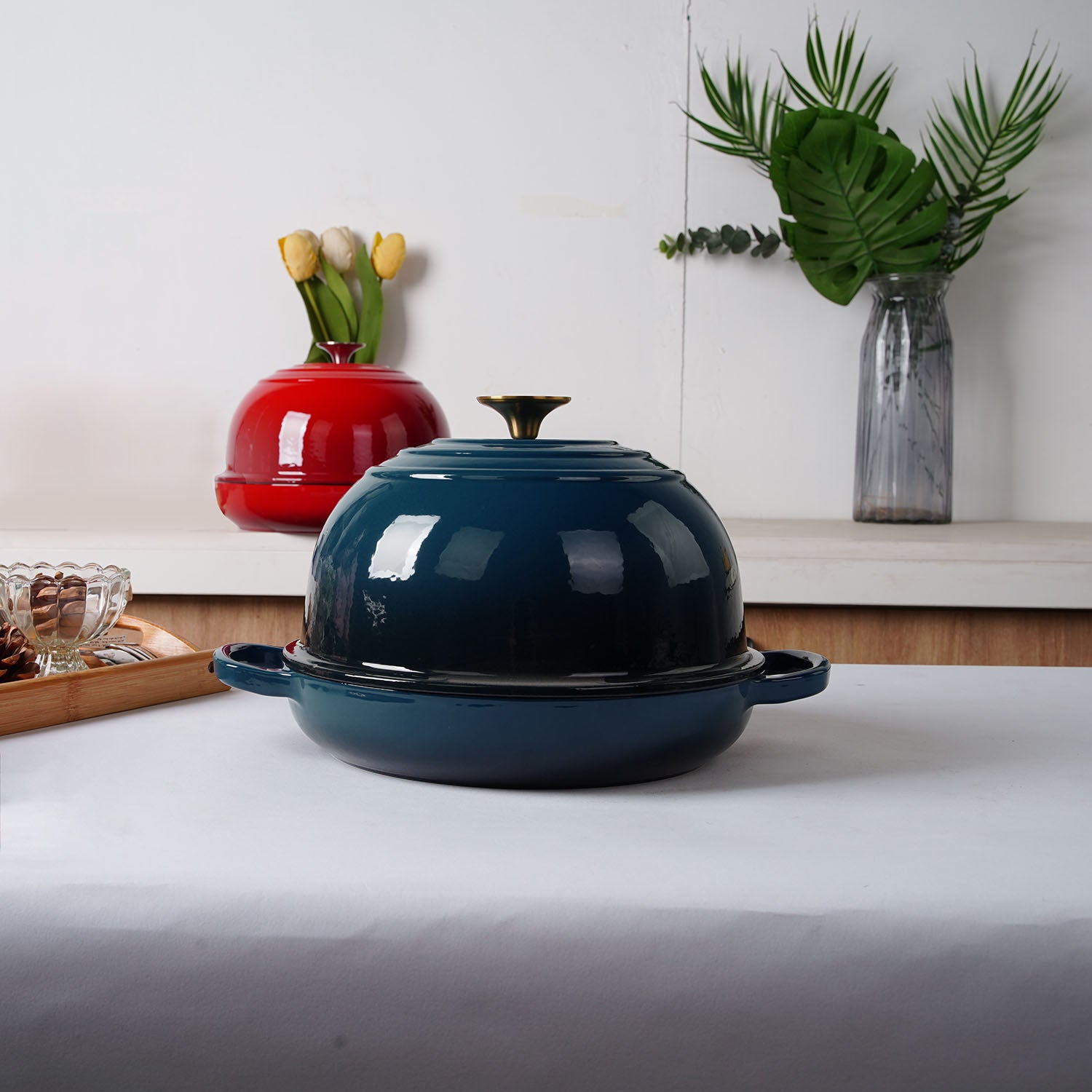 Enameled Cast Iron Bread Pan, Sour Dough Artisan Bread Oven – Dark Teal Blue – Round 26 cm, 6.25 L (6.6 qt) – Deep Lid for Steam Baking