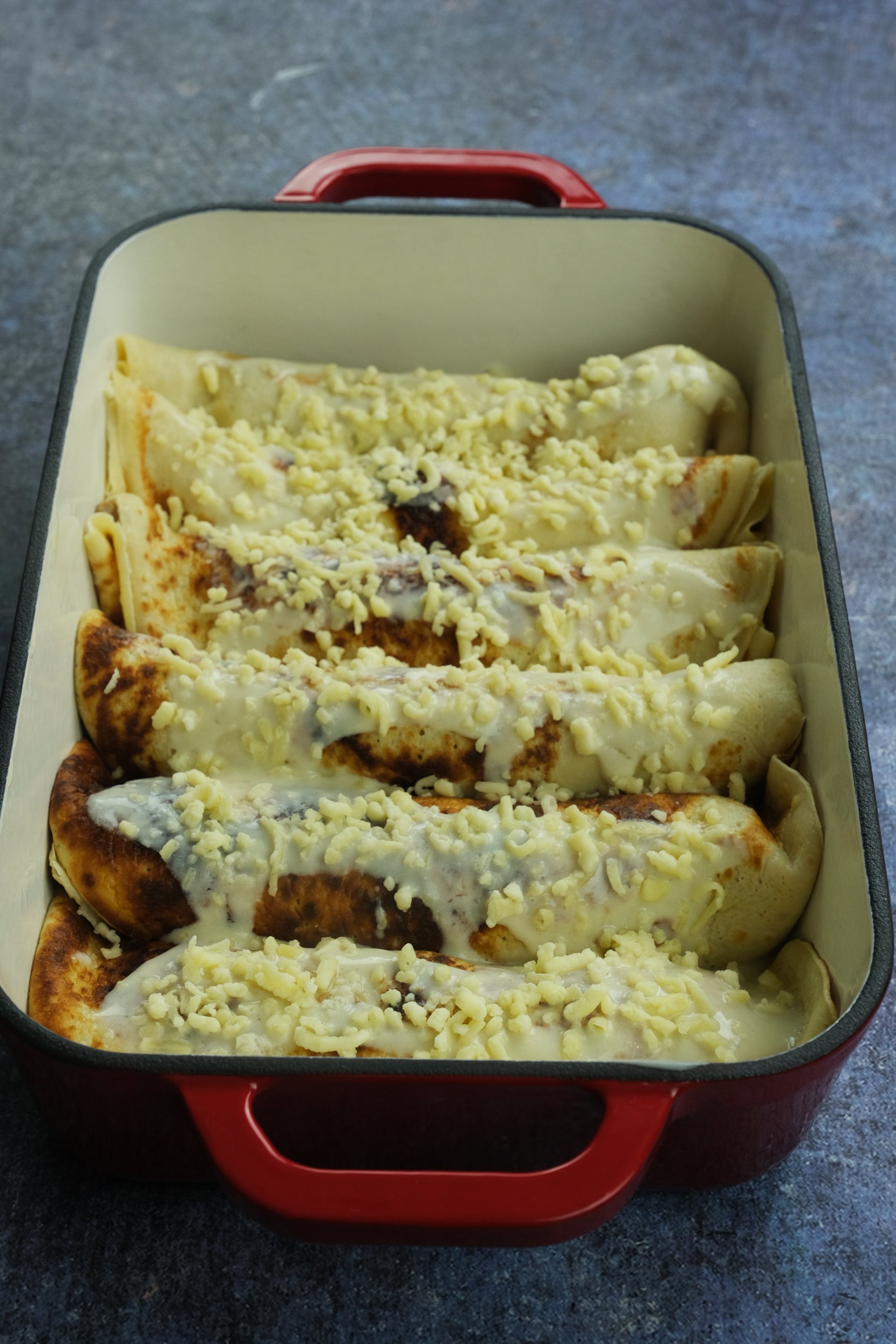 Enameled cast iron coasting pan baking dish from Direct-mart with baked crepes