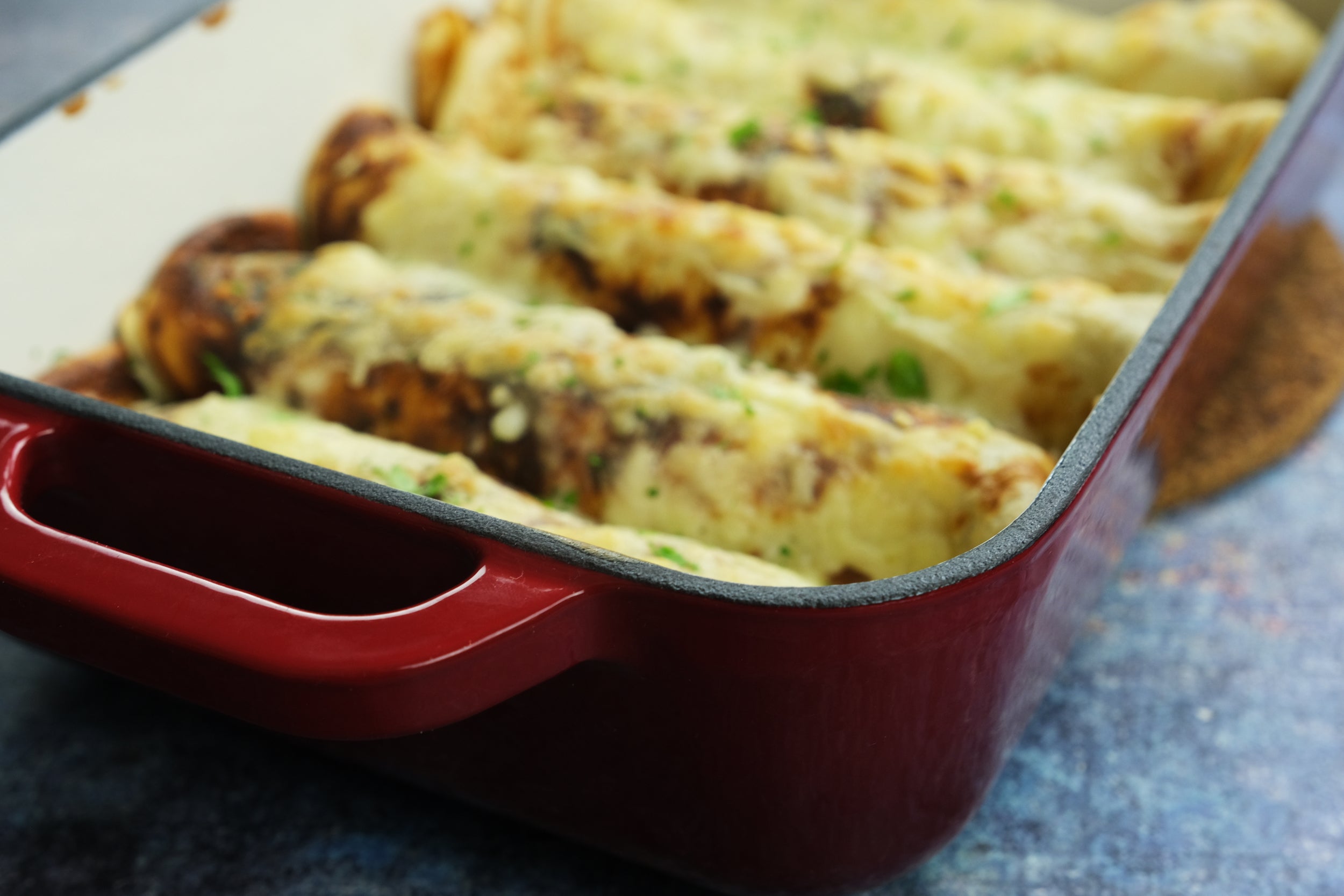 Enameled cast iron coasting pan baking dish from Direct-mart with cheesy baked crepes