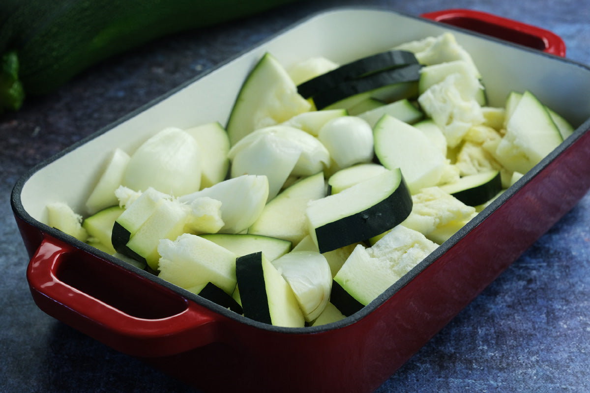 Enameled cast iron coasting pan baking dish from Direct-mart with zucchini and onion