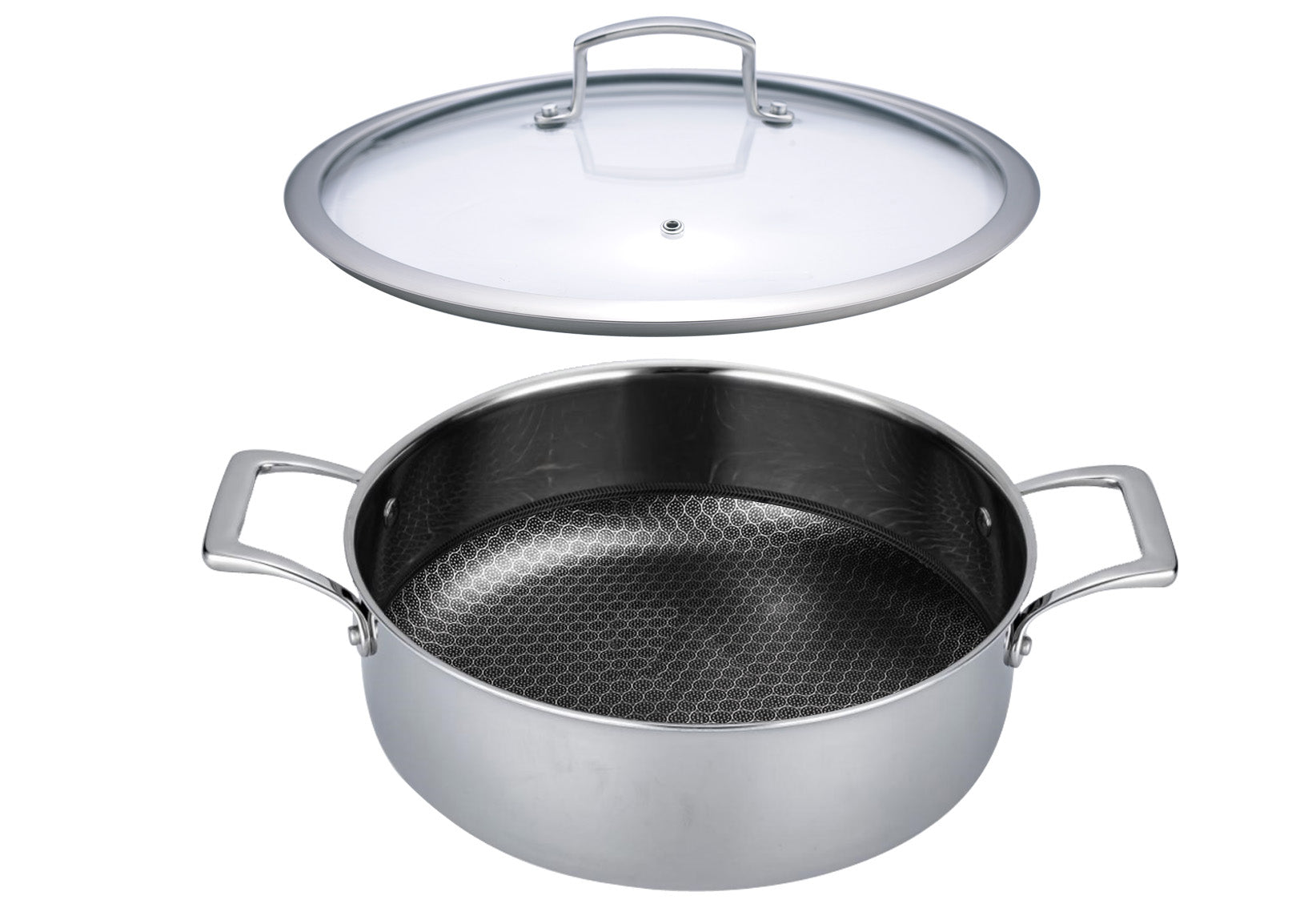 Hybrid Nonstick Sauté Pan – 28 cm (11”) Tri-Ply Stainless Steel with Loop Handles + Tempered Glass Lid, 5 L Capacity