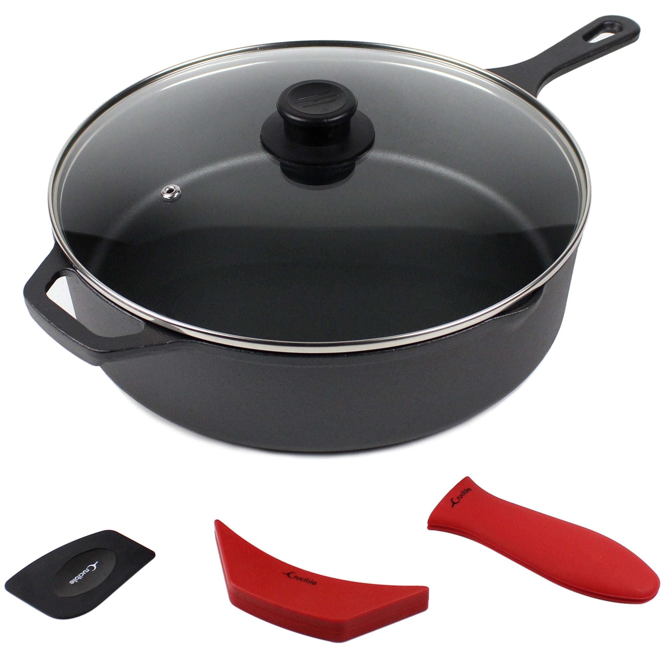 12-Inch/30,5 cm Cast Iron Skillet Saute Pan Set (EXTRA DEEP), Silicone Handle Holders, Glass Lid, Scraper