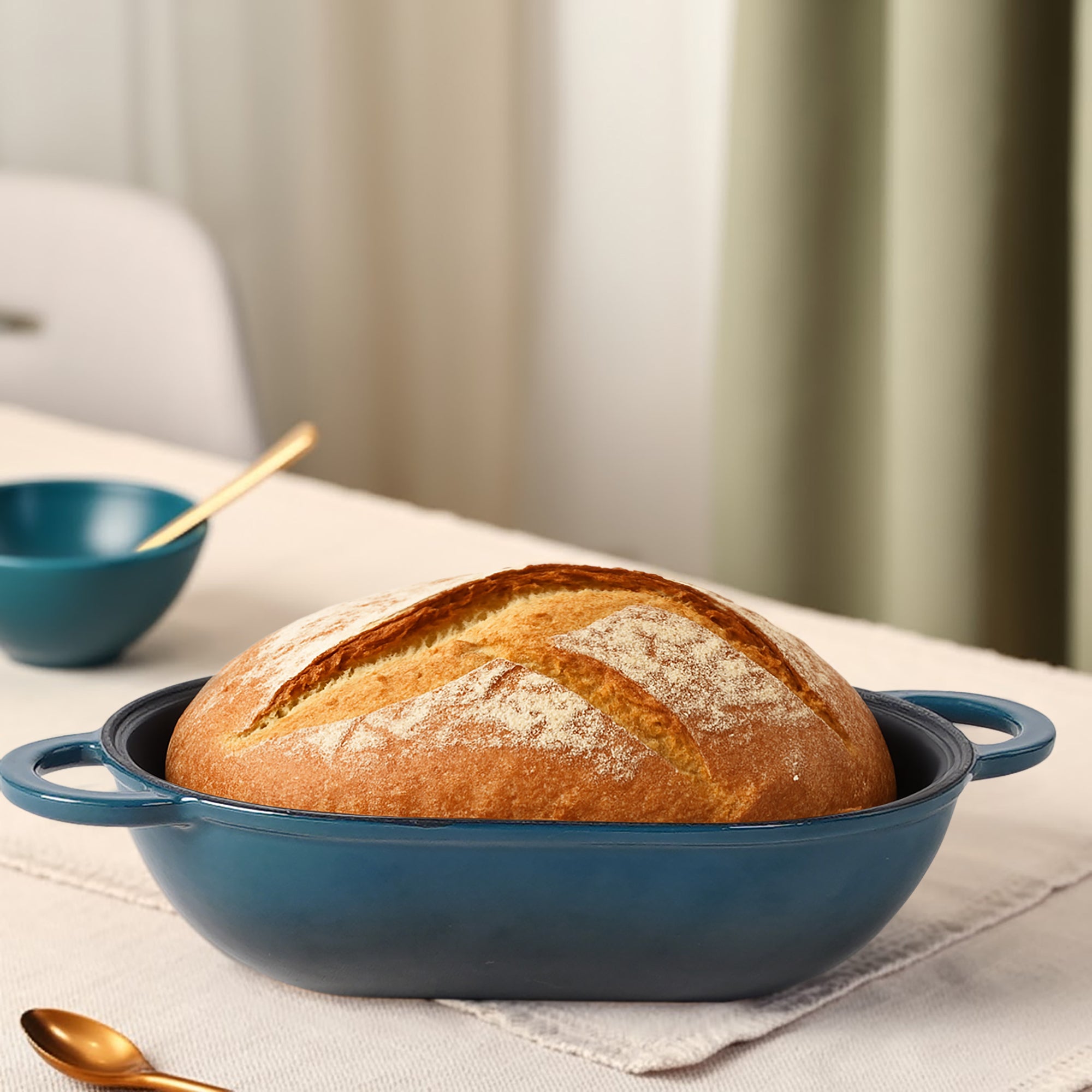 Enameled Cast Iron Bread Pan with Lid, Dark Teal Blue, Oven Safe Form for Baking, Artisan Bread Kit - Loaf Pan
