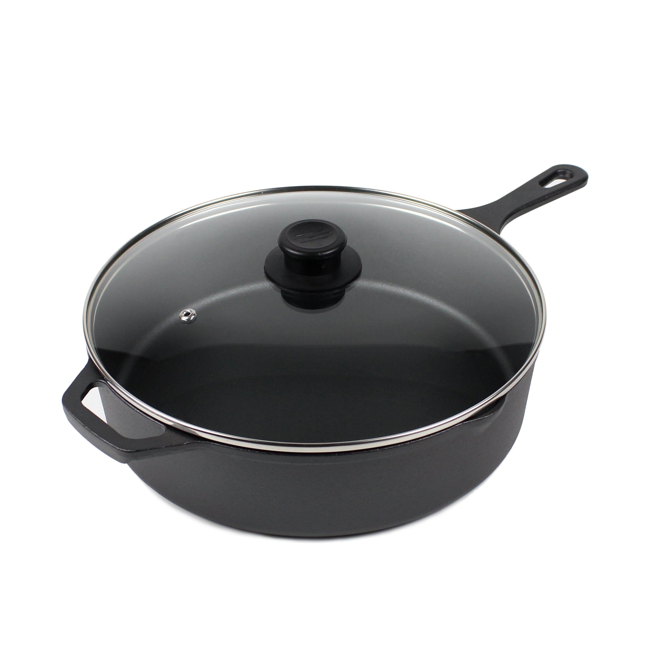 12-Inch/30,5 cm Cast Iron Skillet Saute Pan Set (EXTRA DEEP), Silicone Handle Holders, Glass Lid, Scraper