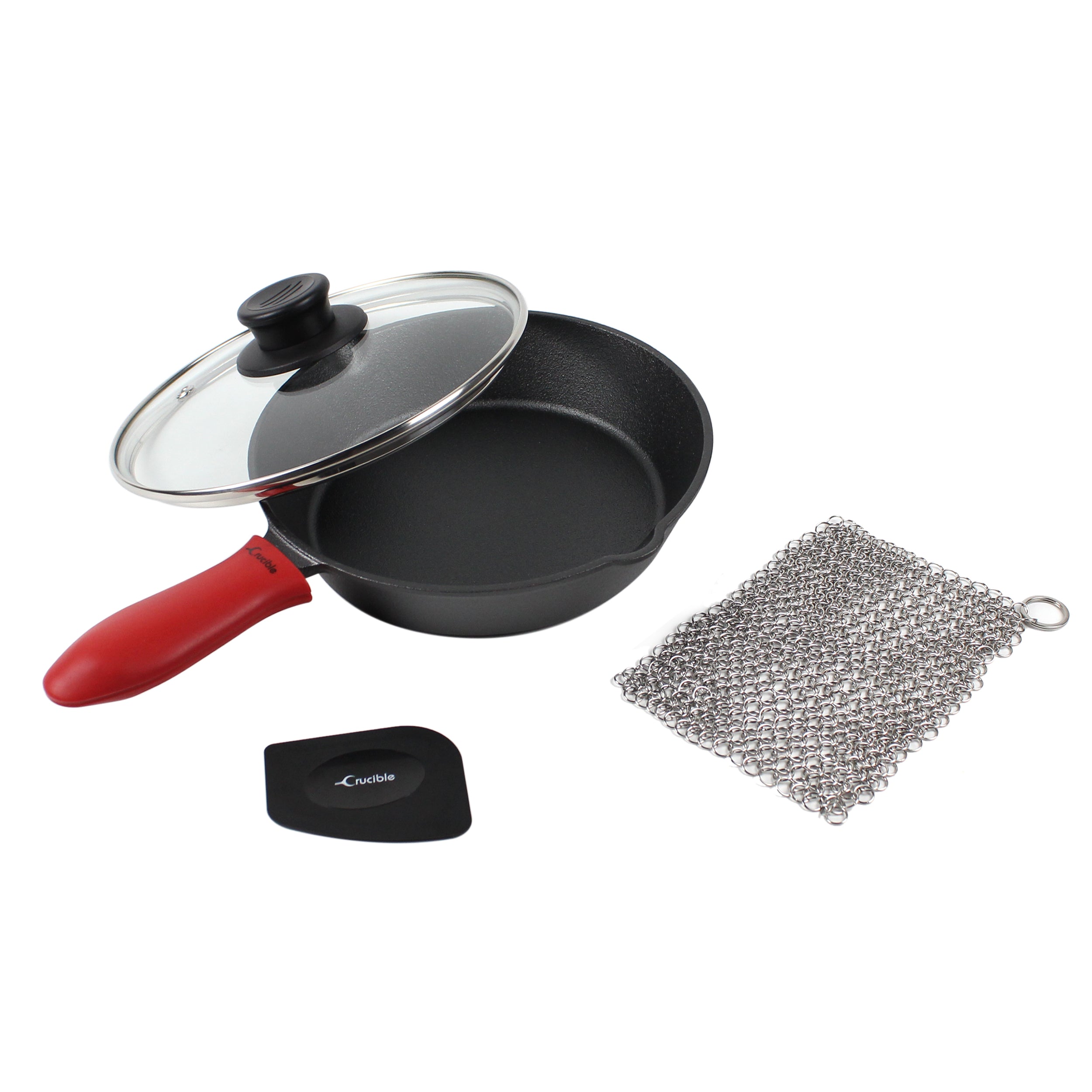 Cast Iron Skillet Set (8-Inch/20cm), Silicone potholder, Glass Lid, Cast Iron Cleaner, Scraper
