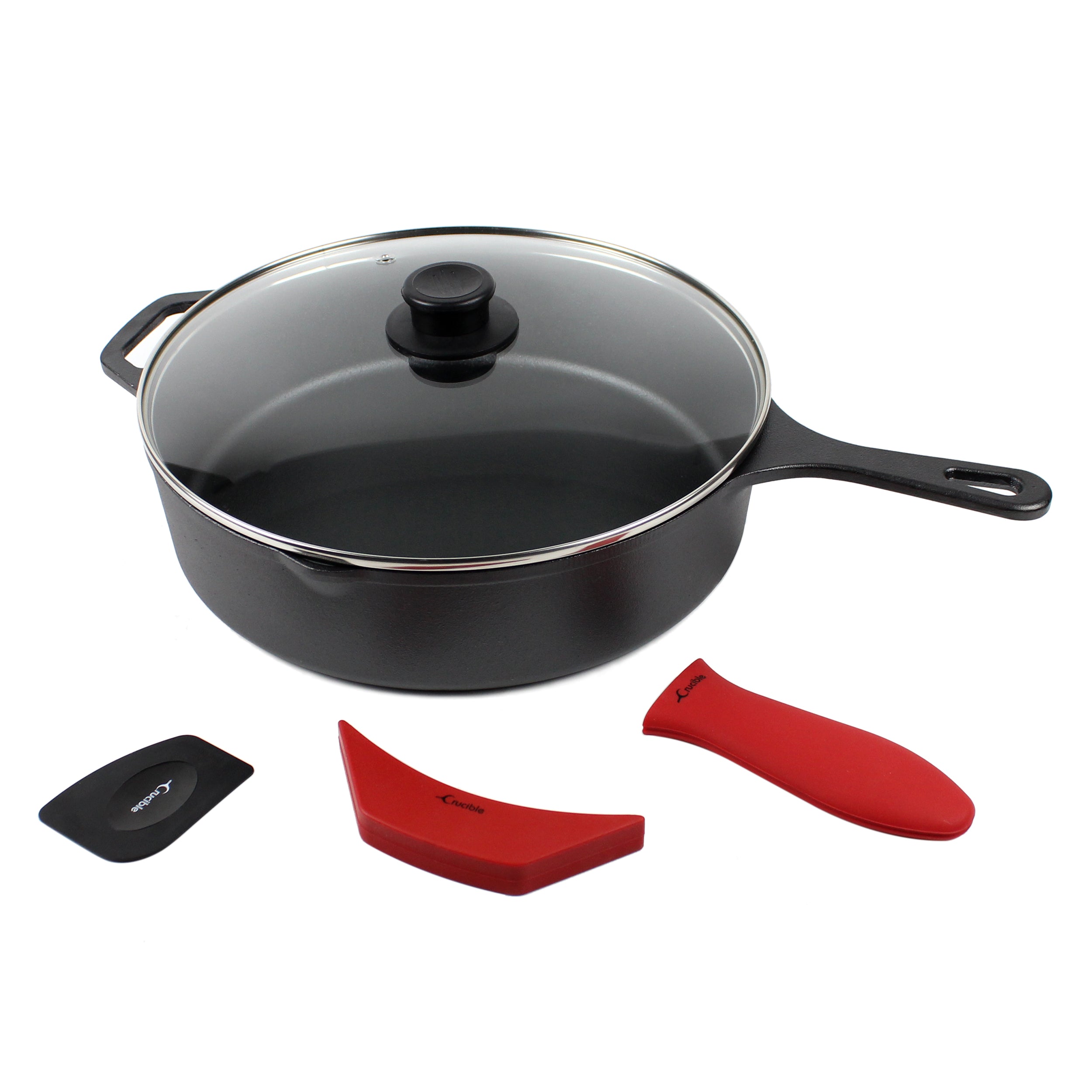 12-Inch/30,5 cm Cast Iron Skillet Saute Pan Set (EXTRA DEEP), Silicone Handle Holders, Glass Lid, Scraper