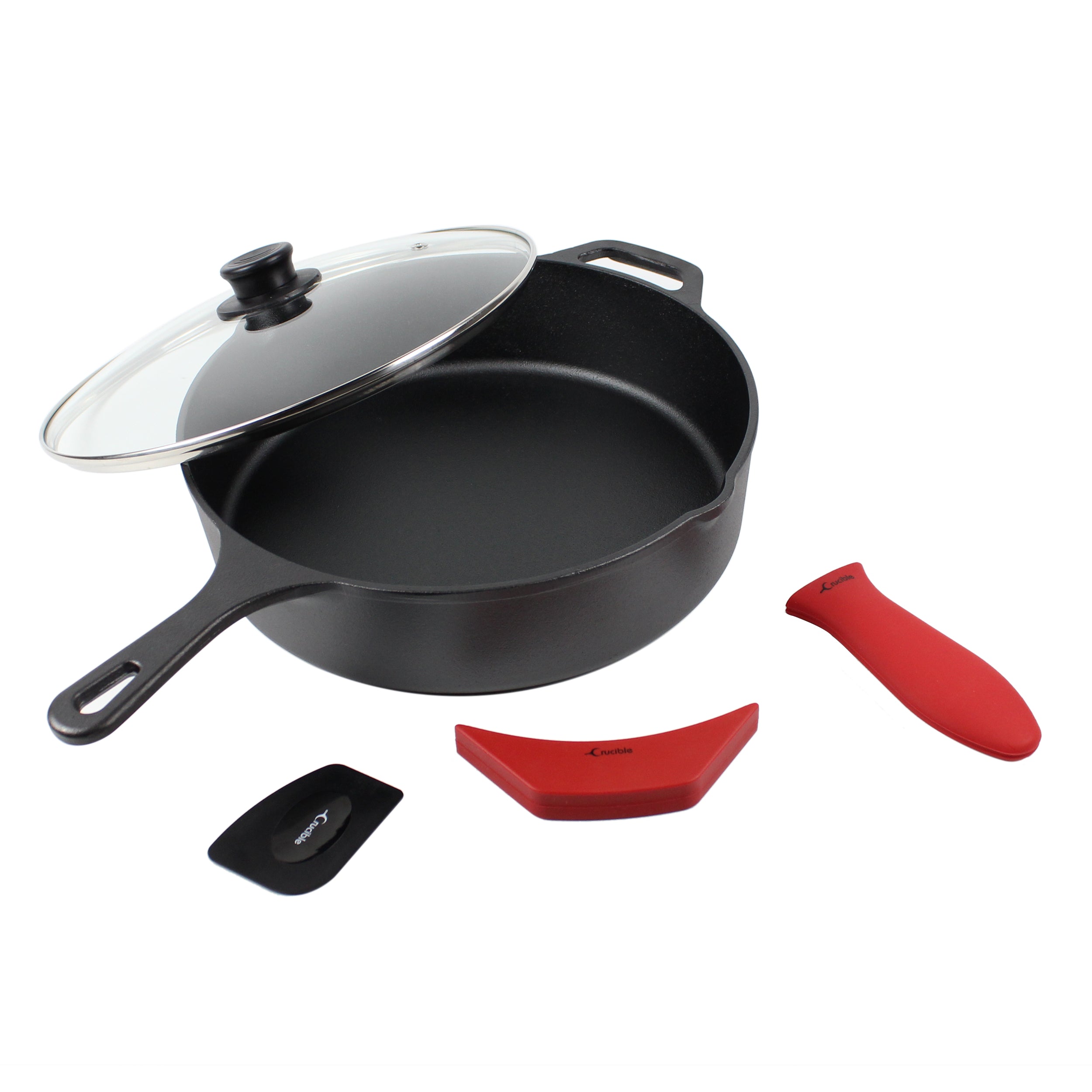 12-Inch/30,5 cm Cast Iron Skillet Saute Pan Set (EXTRA DEEP), Silicone Handle Holders, Glass Lid, Scraper