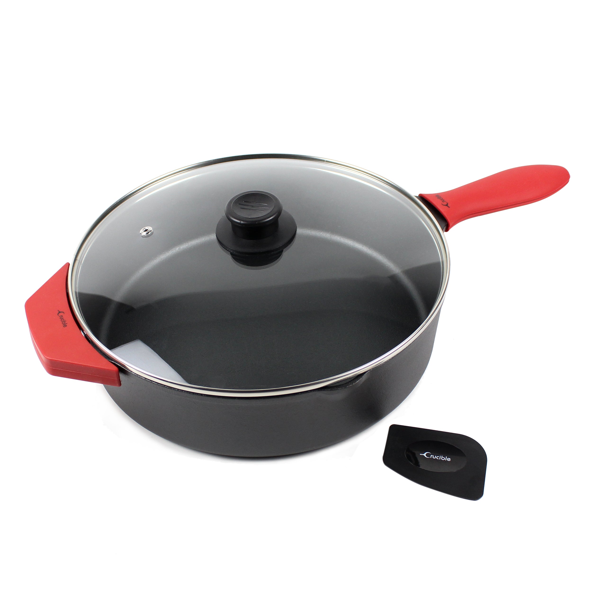 12-Inch/30,5 cm Cast Iron Skillet Saute Pan Set (EXTRA DEEP), Silicone Handle Holders, Glass Lid, Scraper