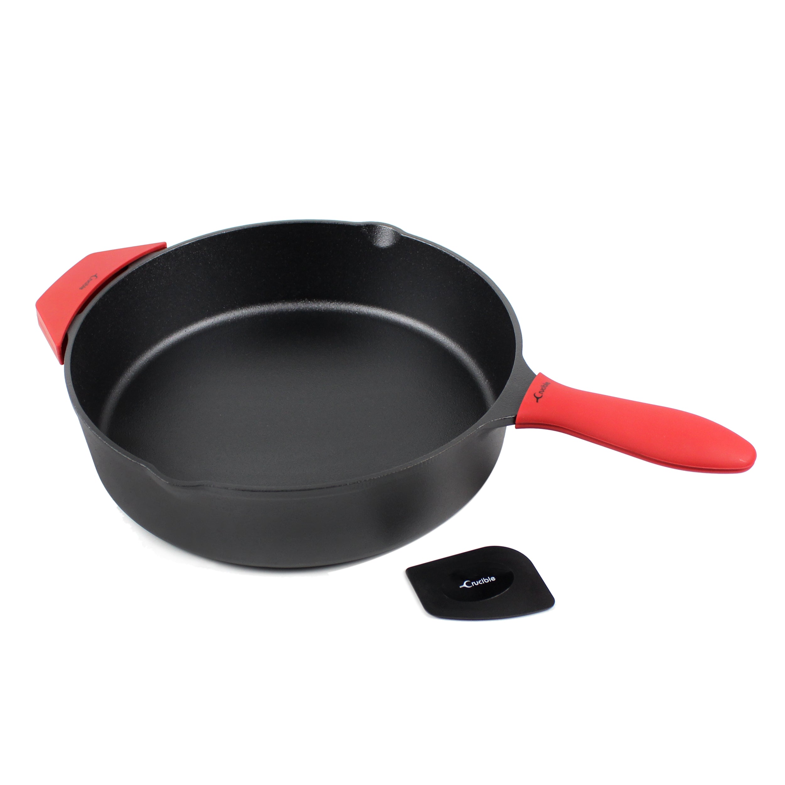 12-Inch/30,5 cm Cast Iron Skillet Saute Pan Set (EXTRA DEEP), Silicone Handle Holders, Glass Lid, Scraper