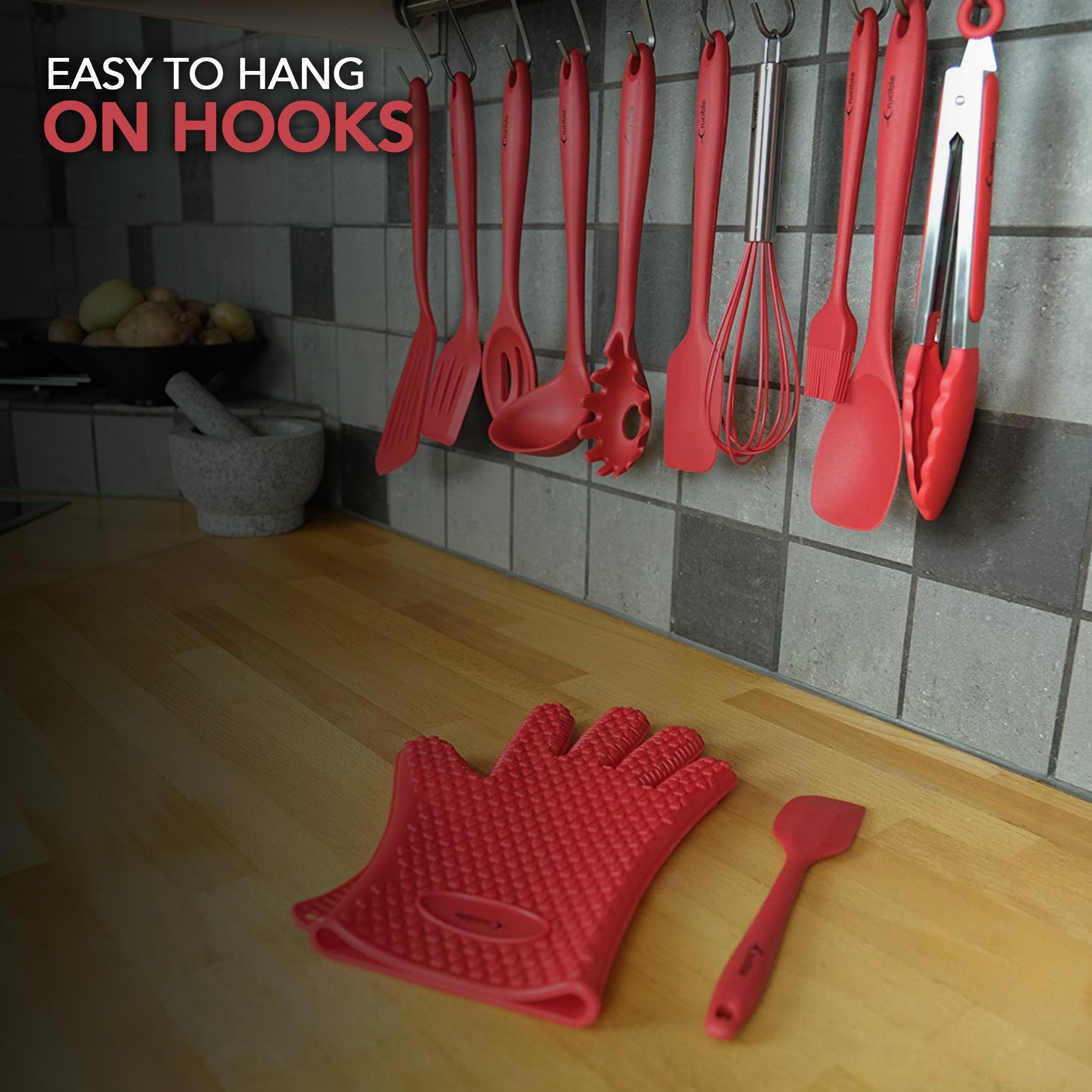 Utensils Set, 12-Piece Complete Silicone Baking & Cooking Kitchen Tools Set, Cookware Set, Kitchen Gadgets - Red - Utensilios de Cocinas