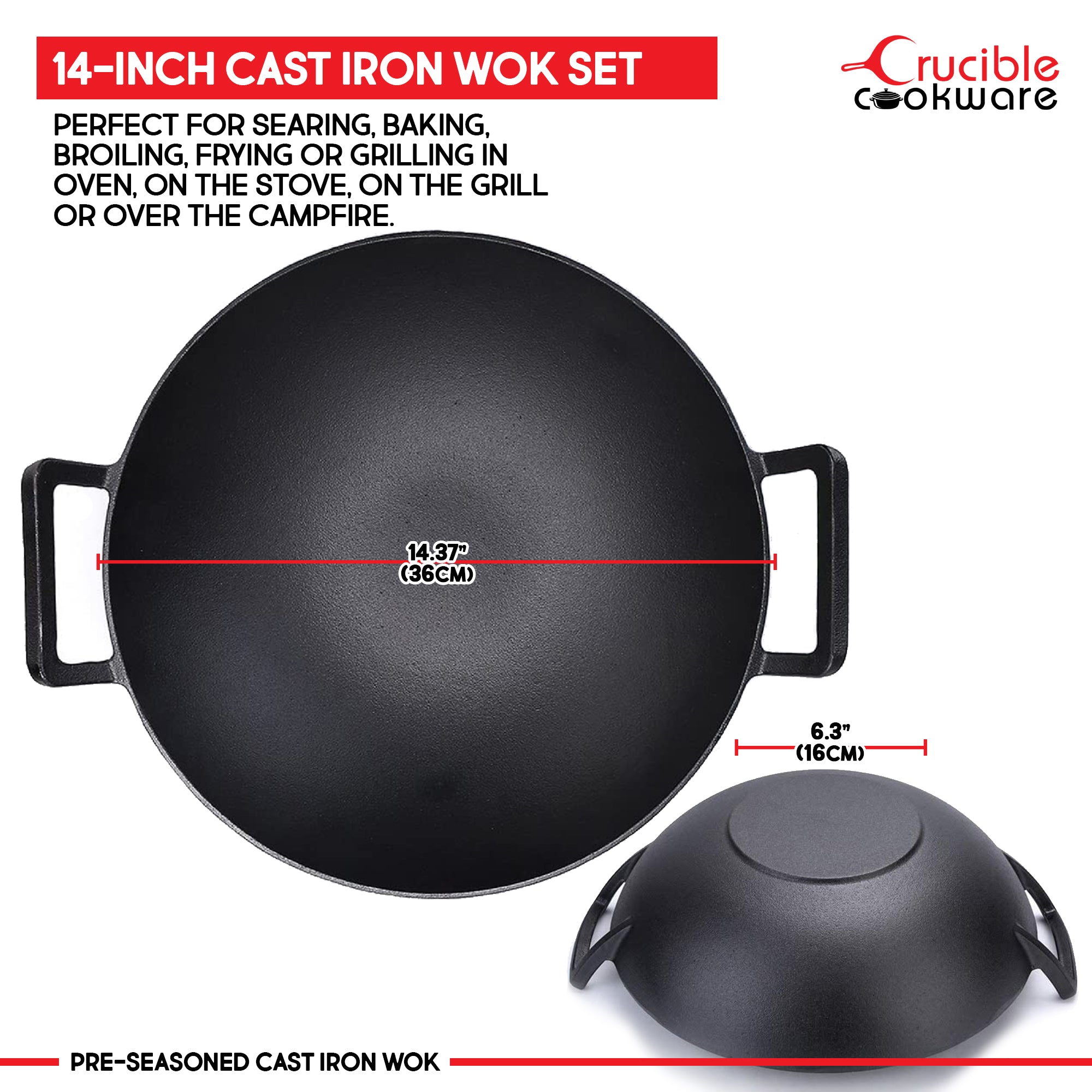 Cast Iron Wok Set 14-Inch (36 cm), Glass Lid, 2 Silicone Handle Holders, 1 Scraper