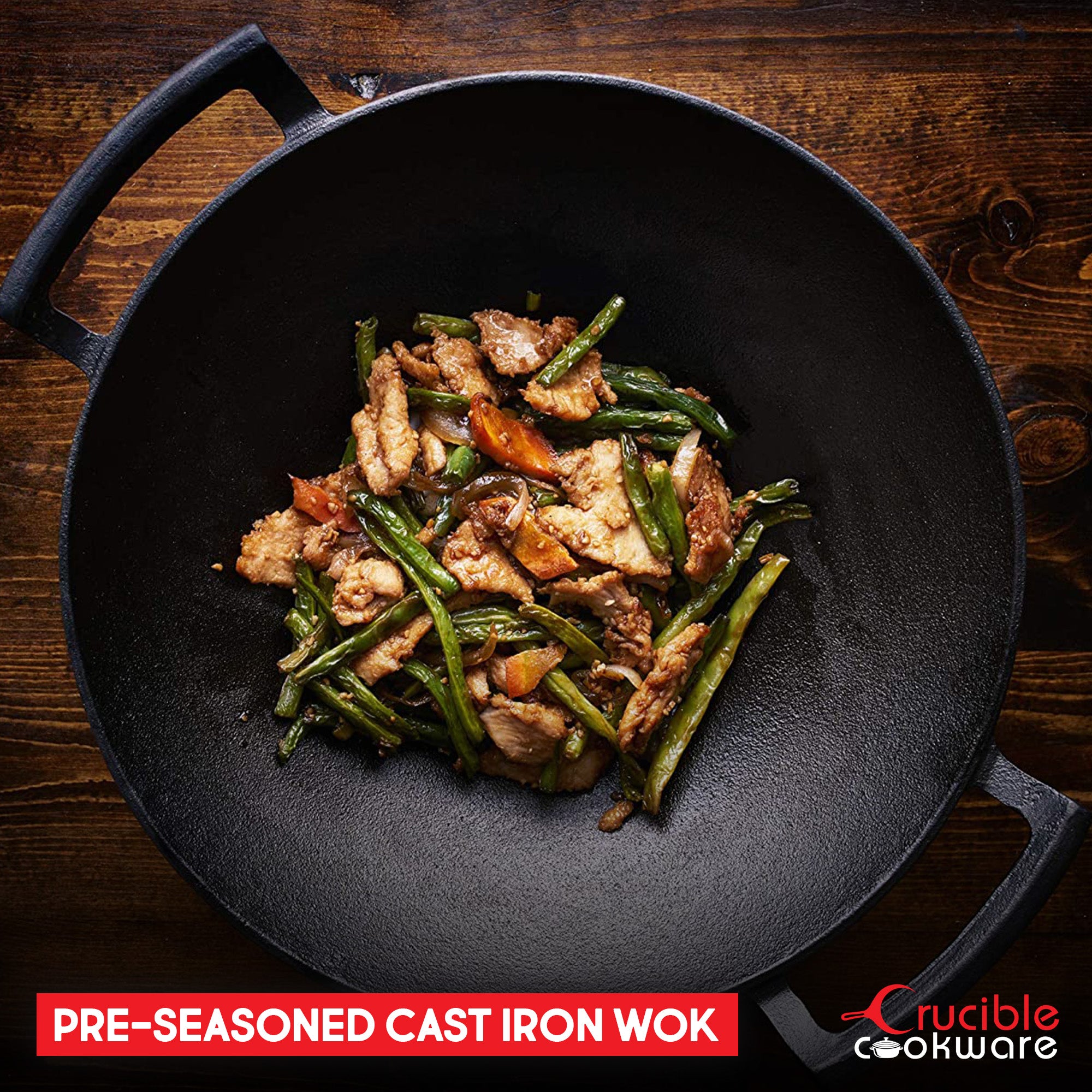 Cast Iron Wok Set 14-Inch (36 cm), Glass Lid, 2 Silicone Handle Holders, 1 Scraper