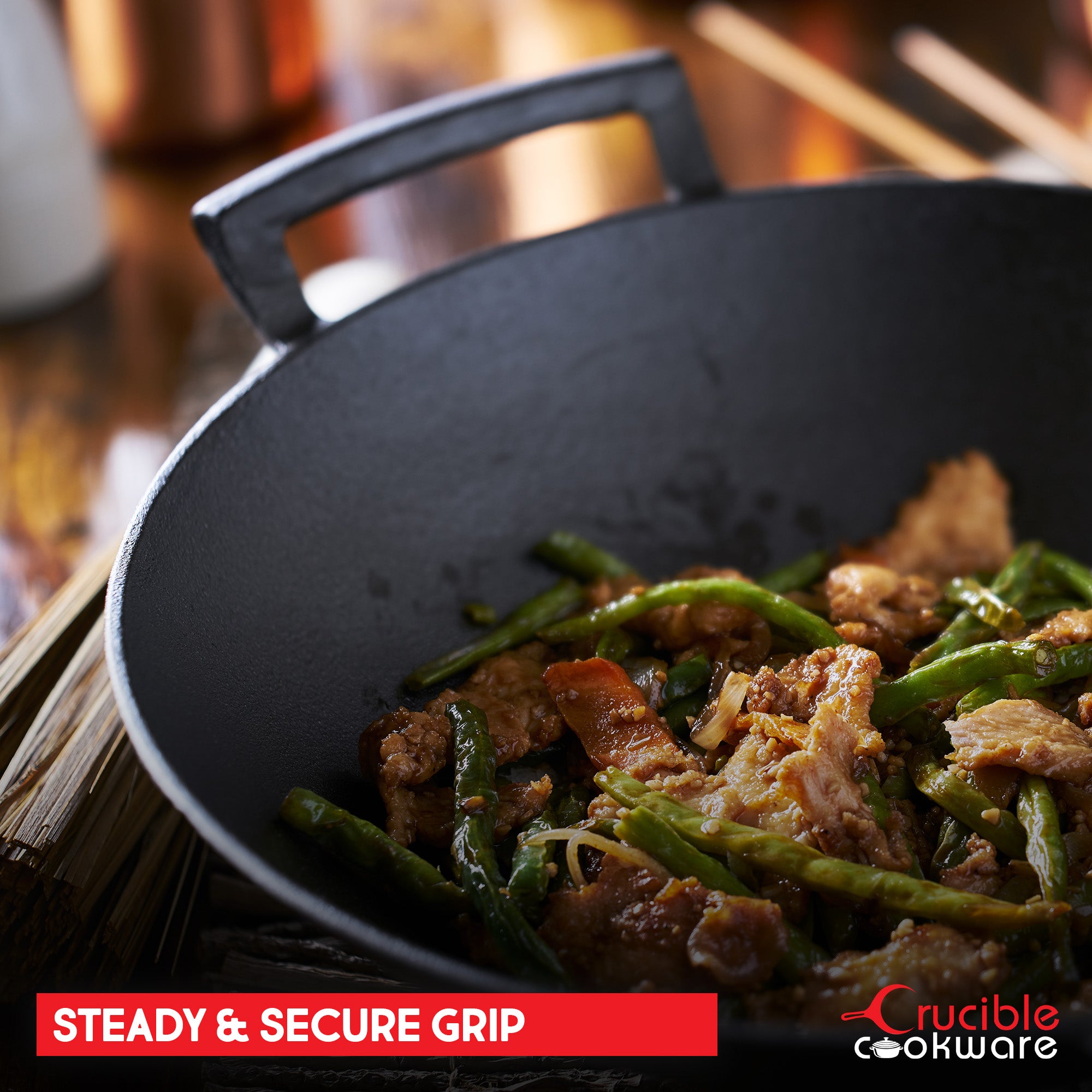 Cast Iron Wok Set 14-Inch (36 cm), Glass Lid, 2 Silicone Handle Holders, 1 Scraper