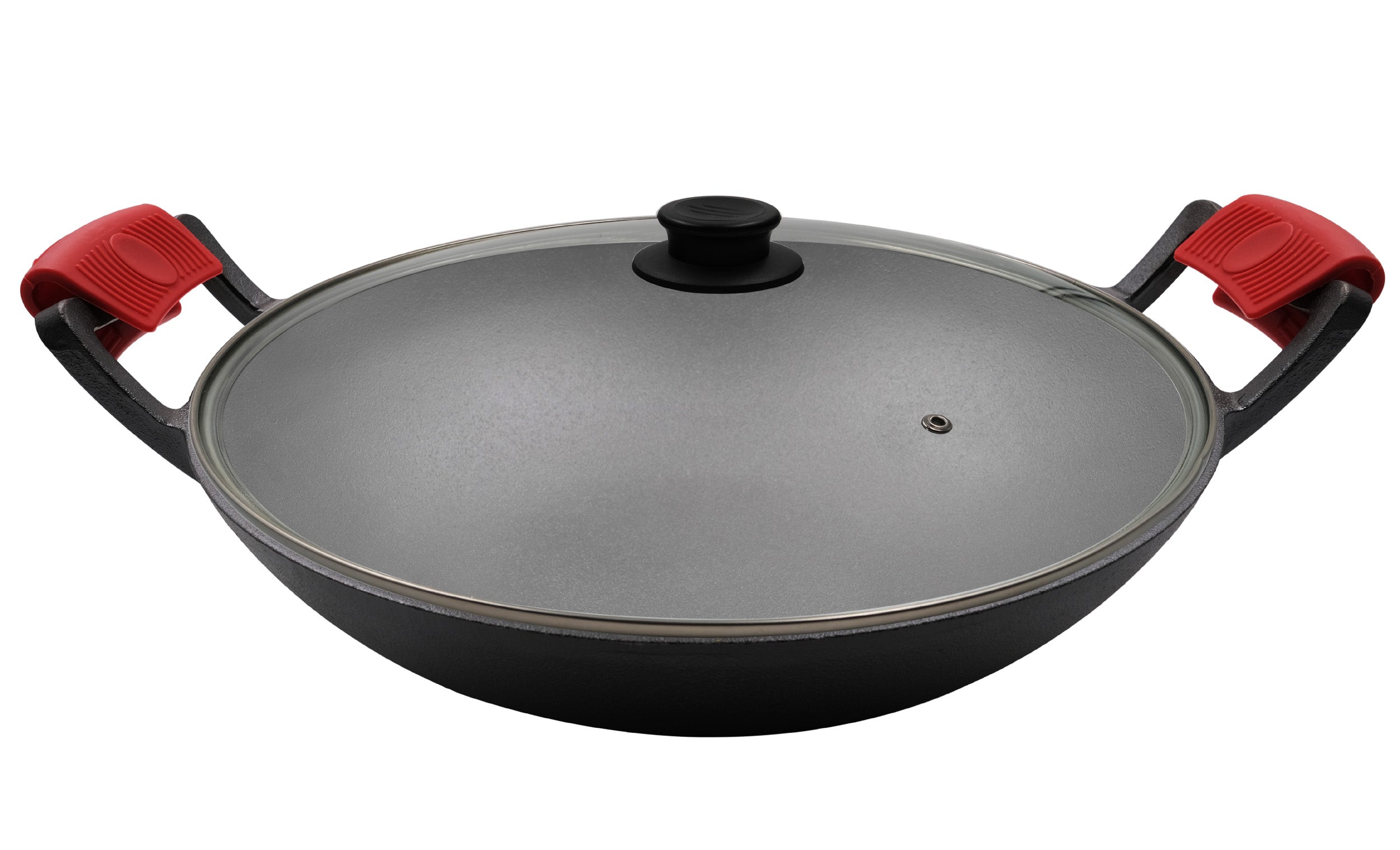 Cast Iron Wok Set 14-Inch (36 cm), Glass Lid, 2 Silicone Handle Holders, 1 Scraper