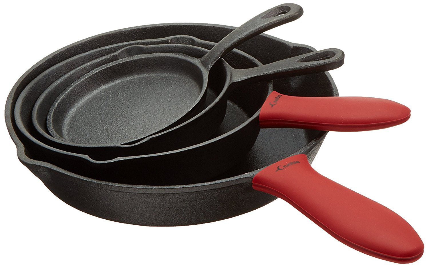 Cast Iron Skillets, Frying Pan Set Of 4 in different sizes, 2 Silicone Potholders