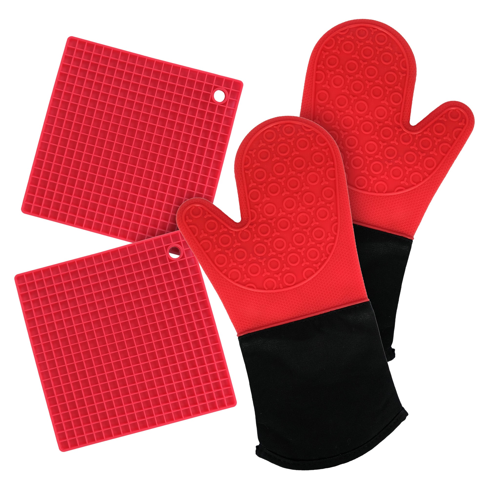 Silicone Oven Mitts and Potholders (4-Piece Set), Kitchen Counter - Advanced Heat Resistant Pot Holders, Non-Slip Textured Grip Oven Mitt - Red