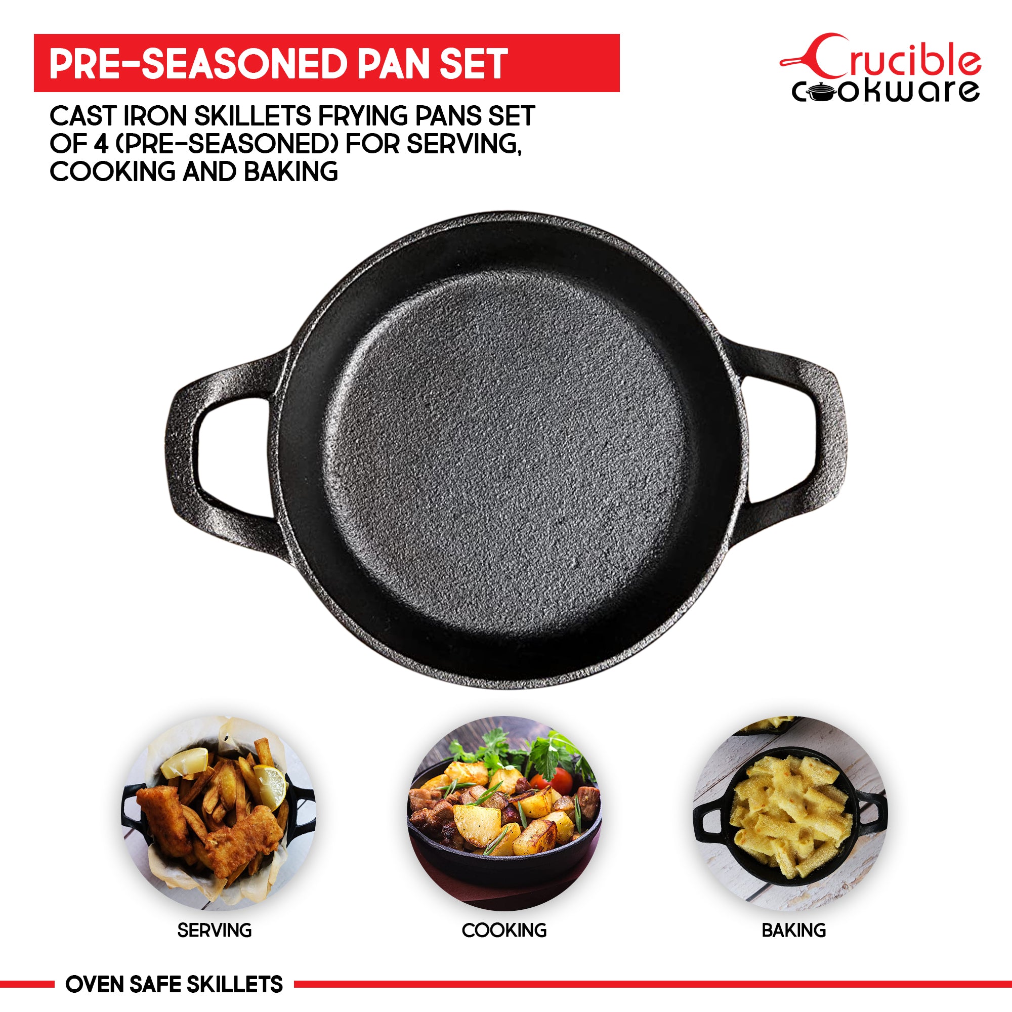 Cast Iron Skillets Frying Pans, Set of 4, for Serving, Cooking, Baking 7.87”–4.72” (20 cm – 12 cm), Oven Safe Forms
