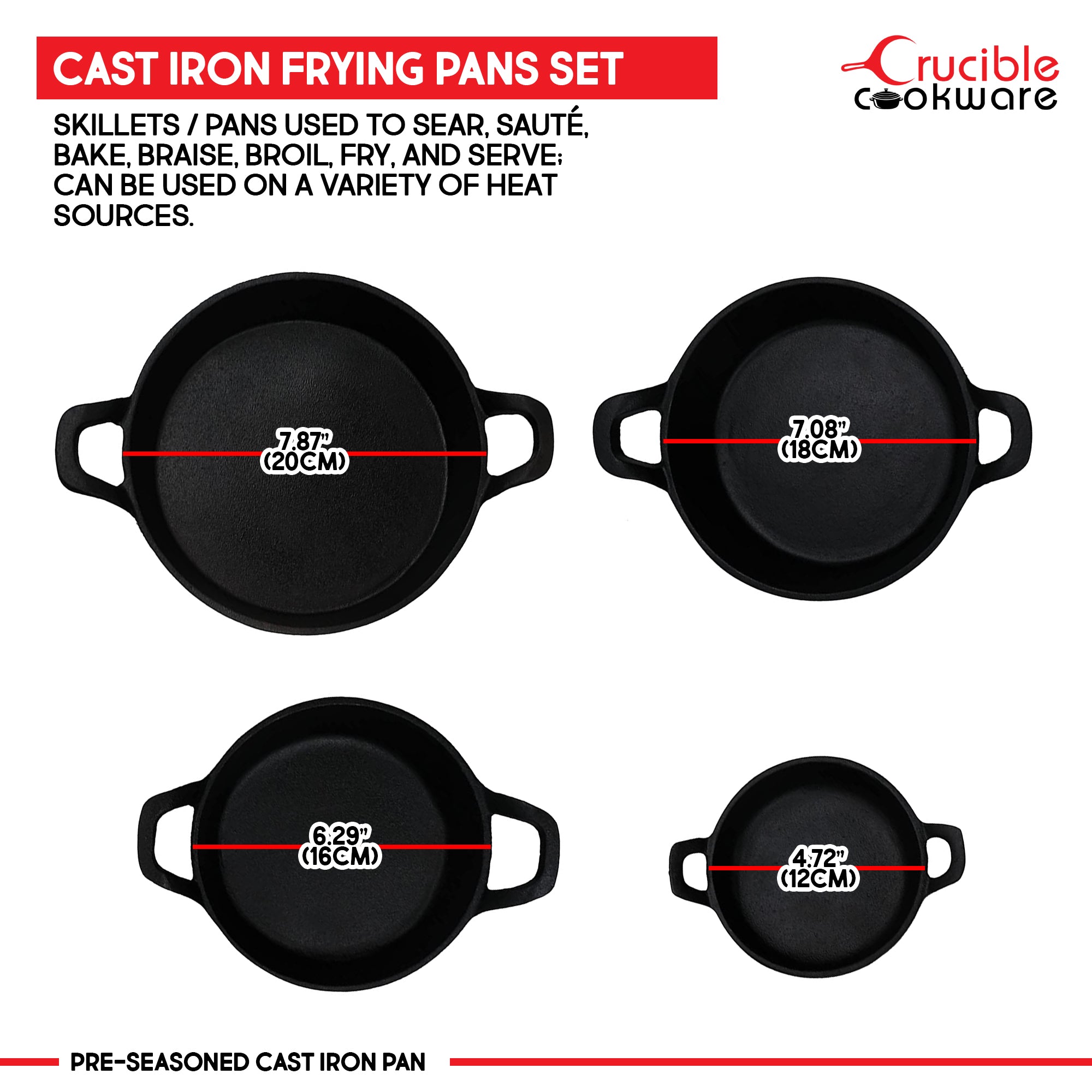 Cast Iron Skillets Frying Pans, Set of 4, for Serving, Cooking, Baking 7.87”–4.72” (20 cm – 12 cm), Oven Safe Forms