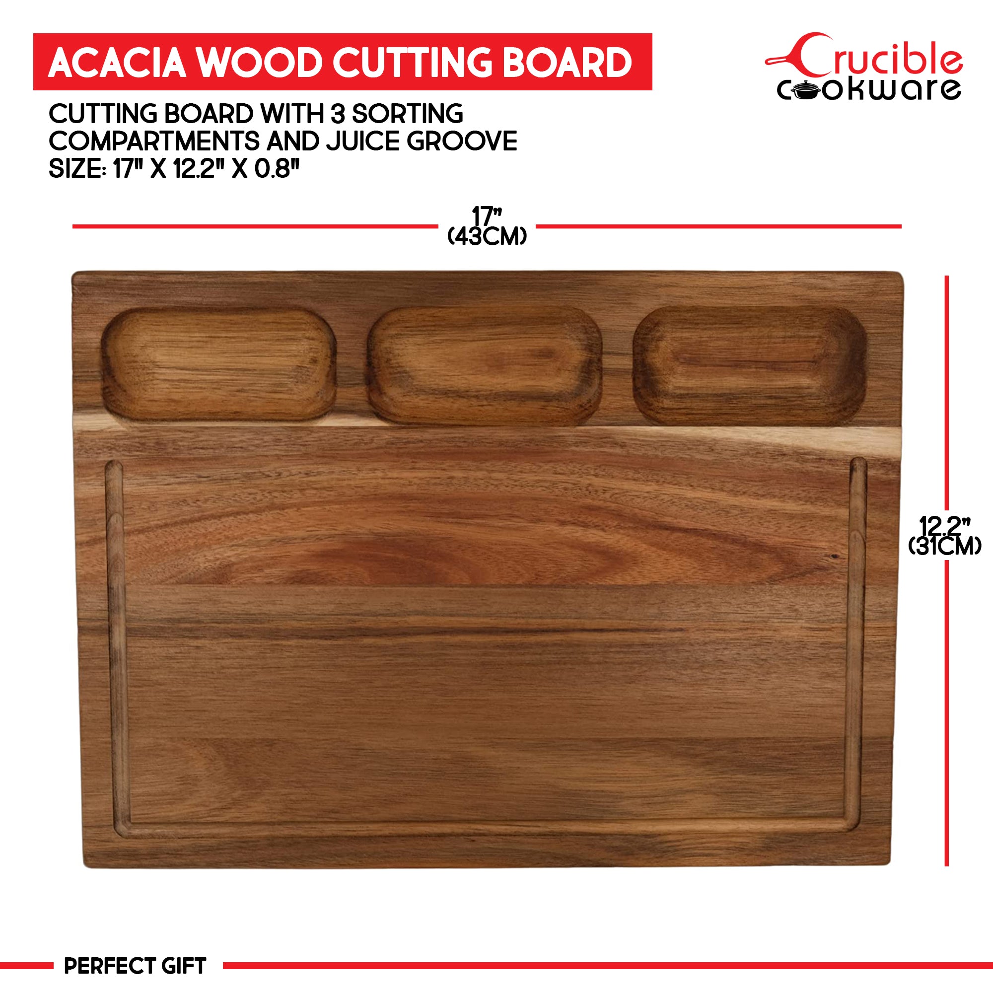 Cutting Board with 3 Sorting Compartments & Juice Groove - Acacia Wood - 17" x 12.2" (43 cm x 31 cm)