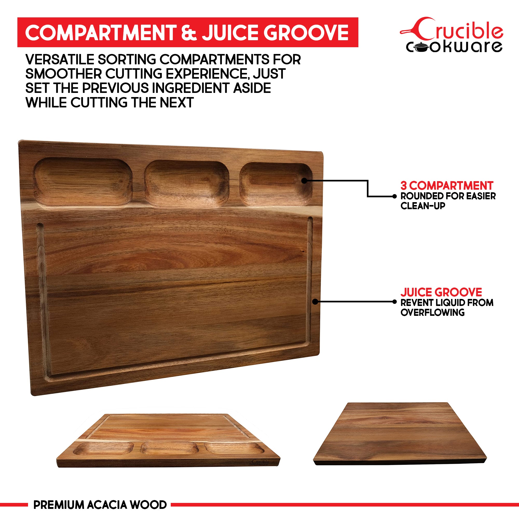 Cutting Board with 3 Sorting Compartments & Juice Groove - Acacia Wood - 17" x 12.2" (43 cm x 31 cm)