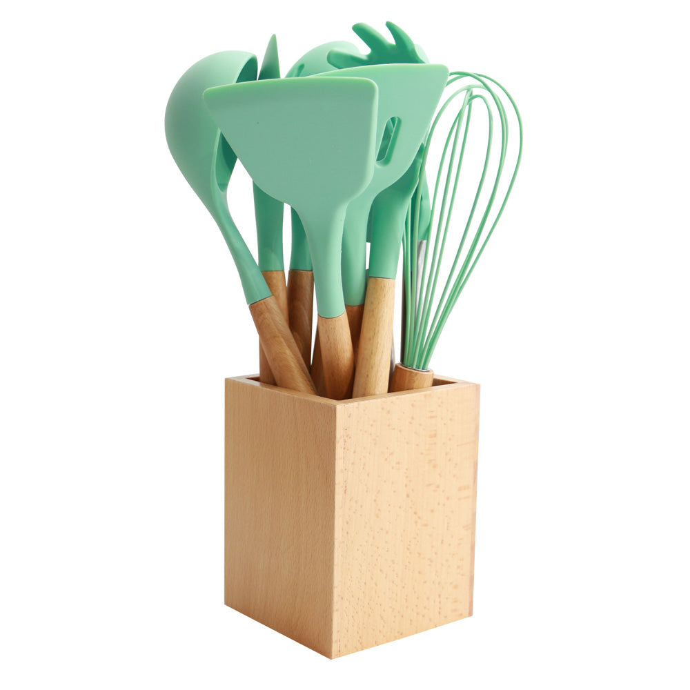 Utensils Set for Cooking with Silicone Head , Wood Handle and Wooden Container (23 Pieces + Bonus Hanging Hooks) -  Kitchen Utensil Tools Set - Green