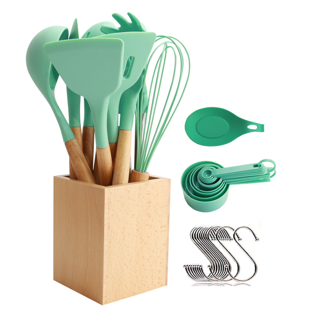 Utensils Set for Cooking with Silicone Head , Wood Handle and Wooden Container (23 Pieces + Bonus Hanging Hooks) -  Kitchen Utensil Tools Set - Green