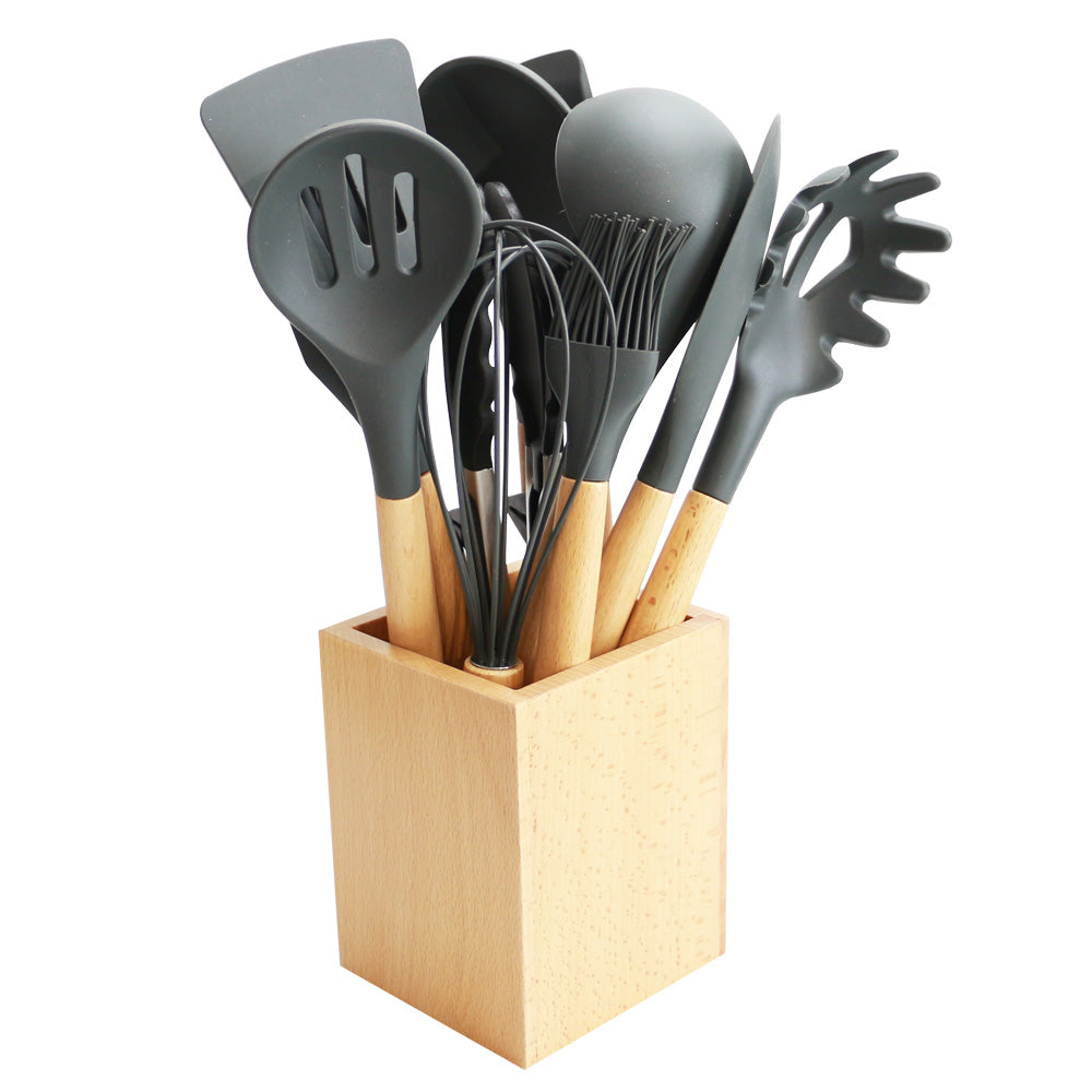 Utensils Set for Cooking with Silicone Head , Wood Handle and Wooden Container (23 Pieces + Bonus Hanging Hooks) -  Kitchen Utensil Tools Set - Gray