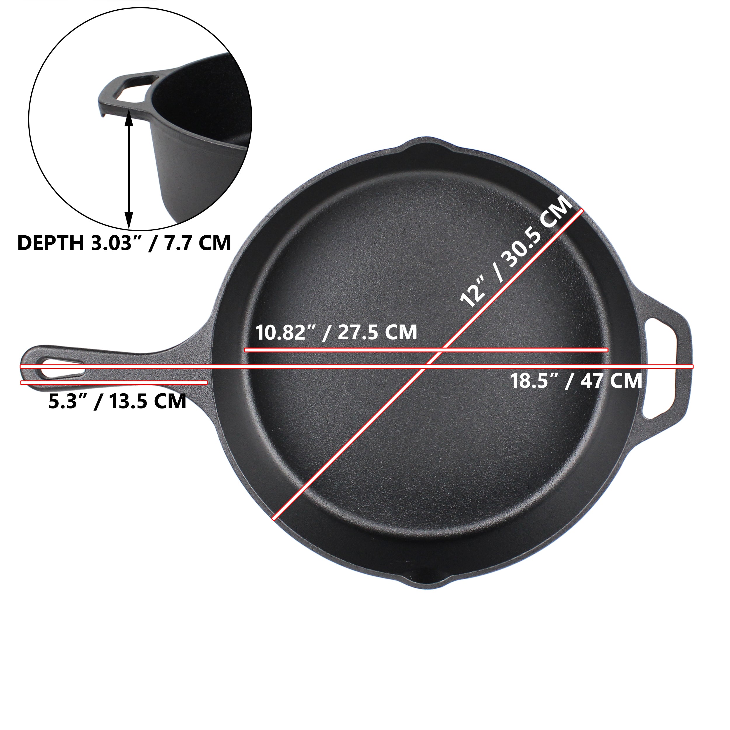12-Inch/30,5 cm Cast Iron Skillet Saute Pan Set (EXTRA DEEP), Silicone Handle Holders, Glass Lid, Scraper