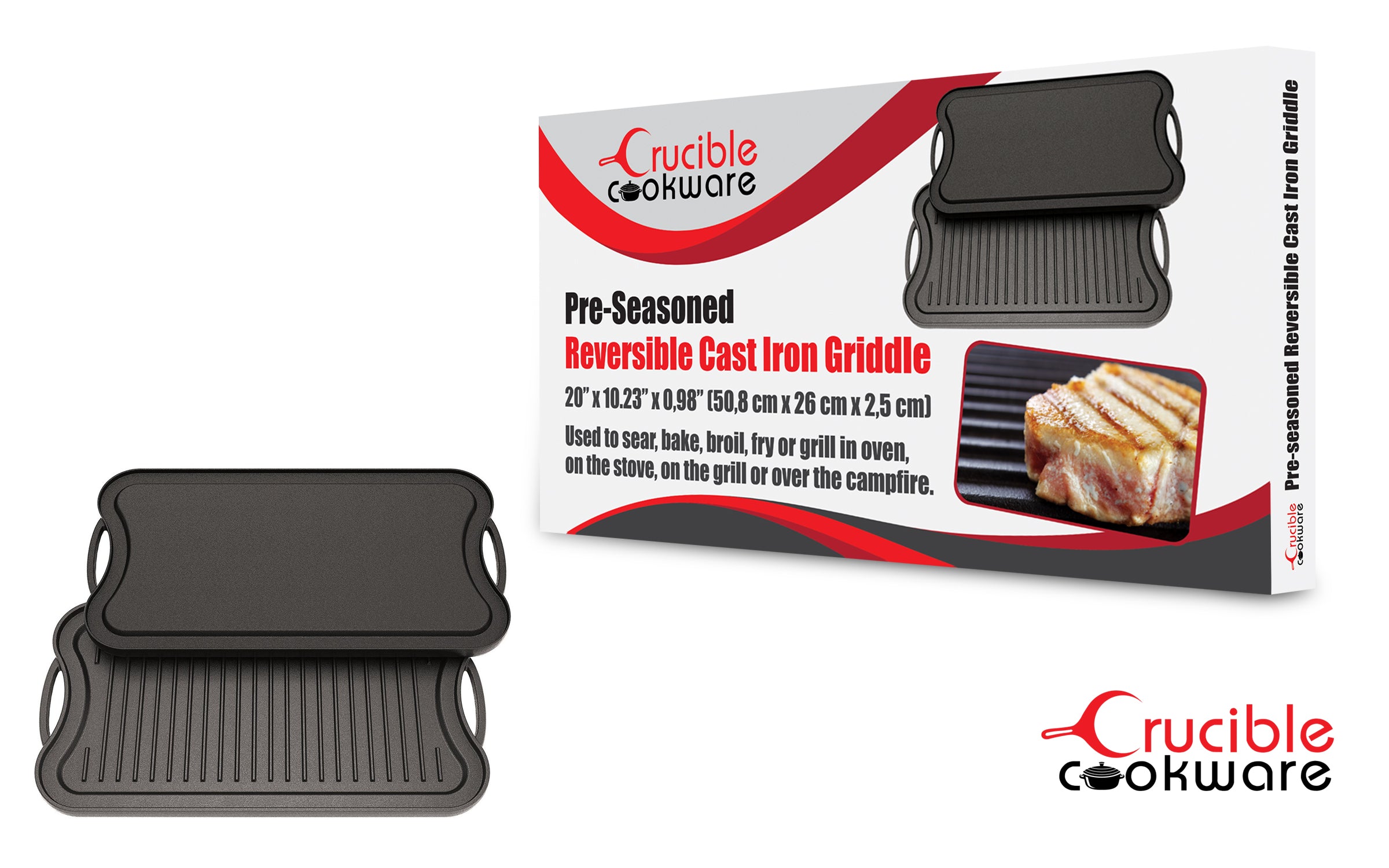 Cast Iron Griddle (20" by 10"/51 cm x 26 cm), Reversible, Grill and Griddle Combo, fits over two stovetop burners